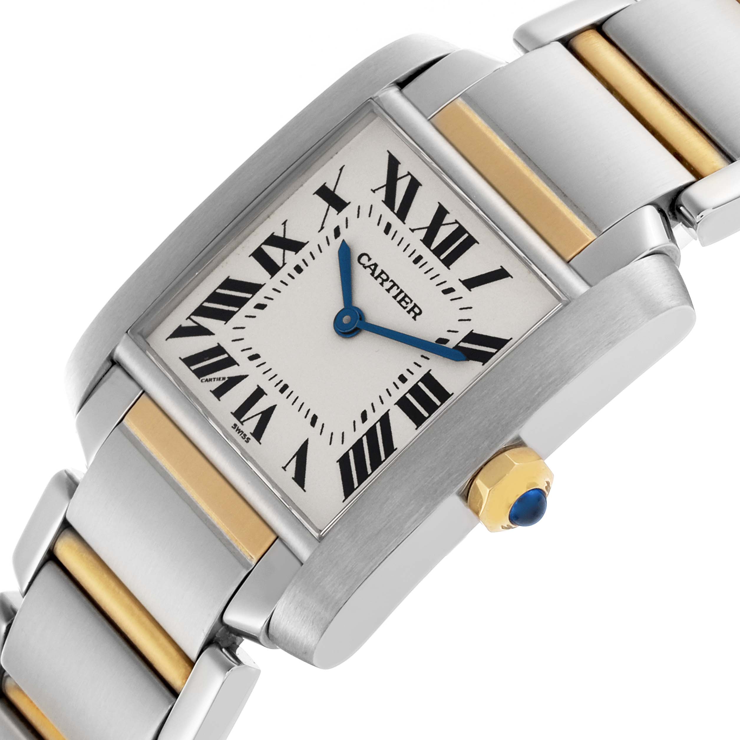 The Cartier Tank Francaise W51006Q4 Women's Steel and Gold (two tone) Silver Dial W51006Q4 Women's Steel and Gold (two tone) Silver Dial watch is shown at an angled close-up, highlighting the face, crown, and part of the bracelet.