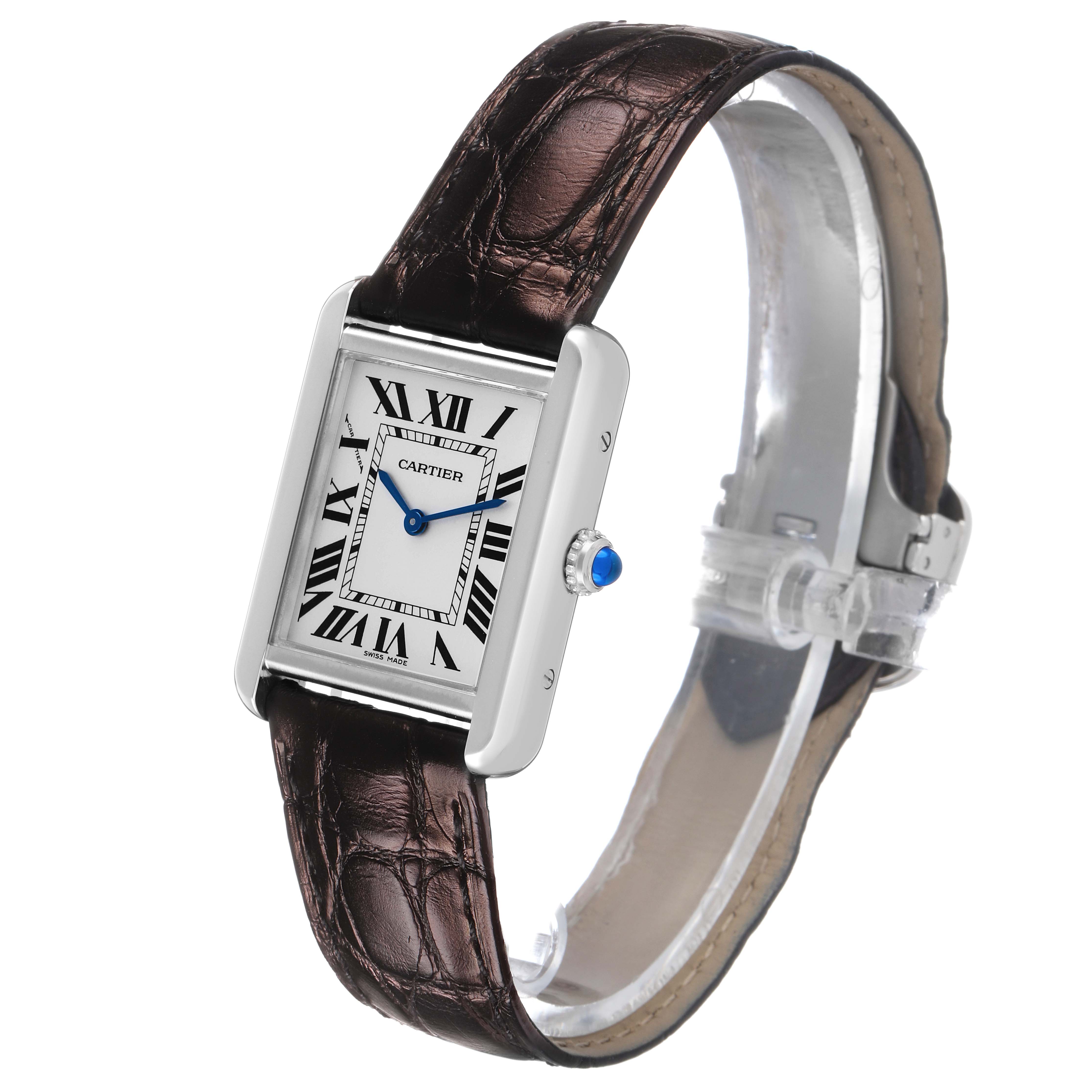 The Cartier Tank Solo W5200005 Women's Stainless Steel Silver Dial watch is shown at a slight angle, highlighting the dial, leather strap, and crown with a blue cabochon.