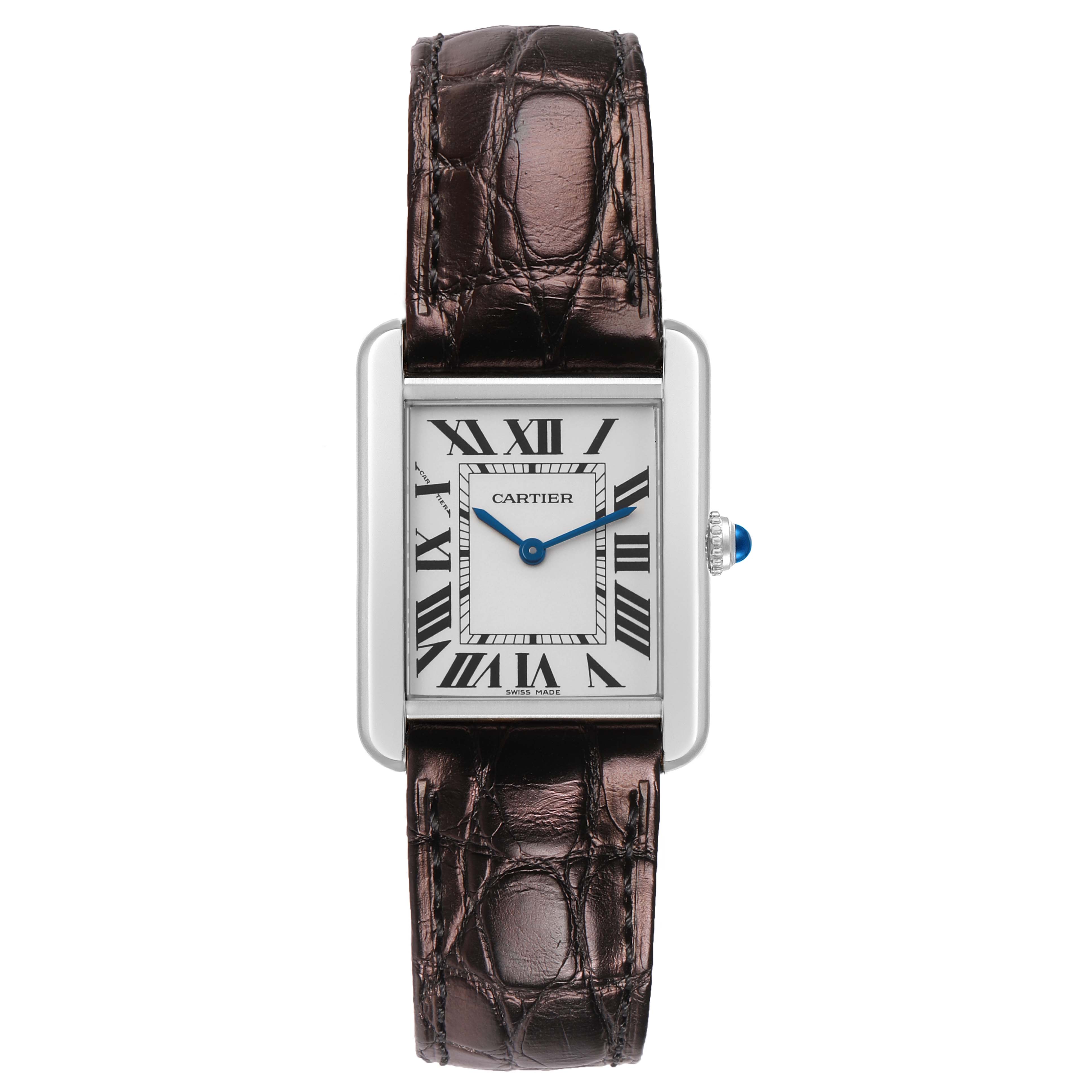 The Cartier Tank Solo W5200005 Women's Stainless Steel Silver Dial watch is shown from the front, showcasing its rectangular face, Roman numerals, and leather strap.