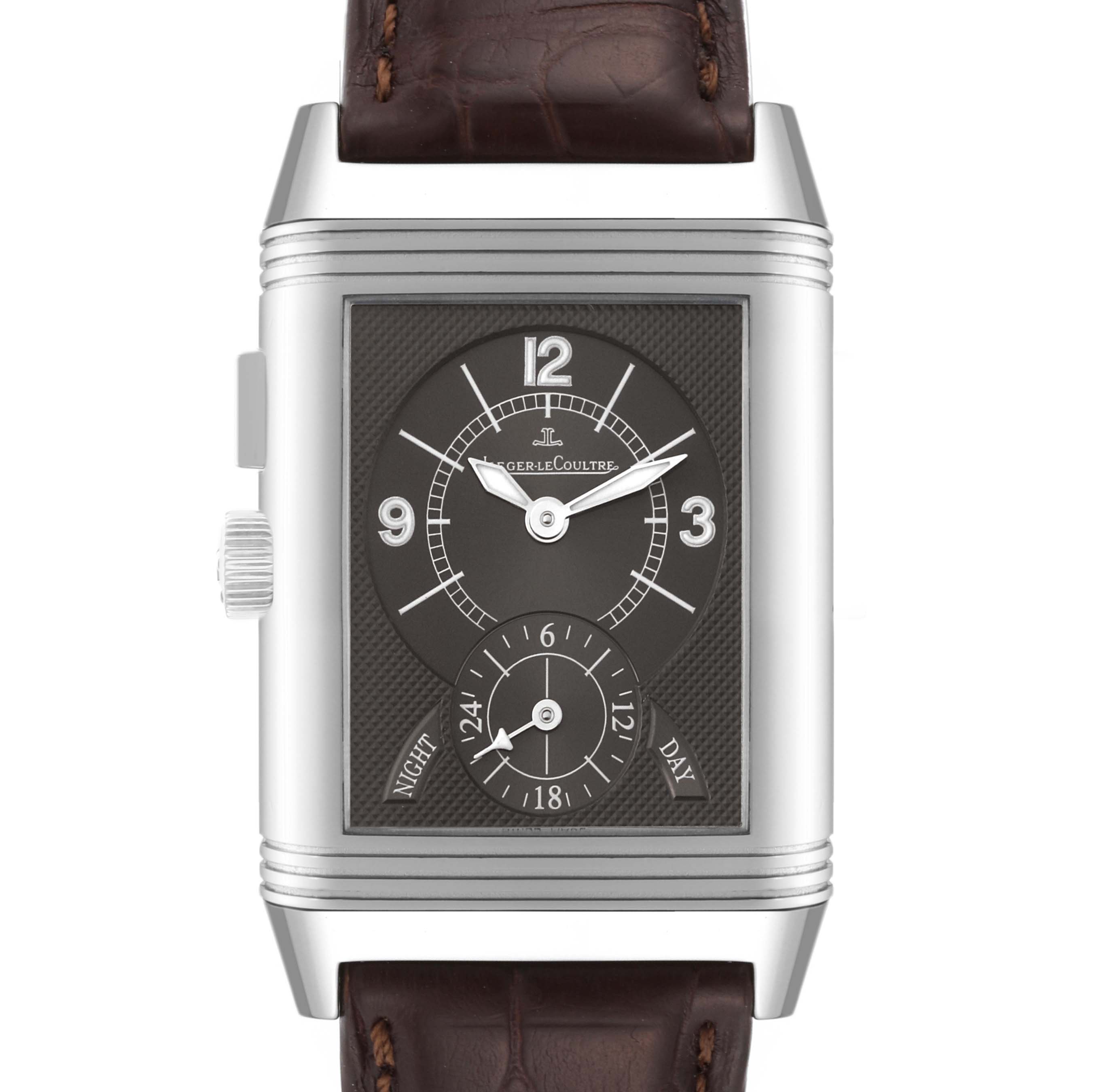 The image shows a frontal view of the Jaeger LeCoultre Reverso Q2718410 Men's Stainless Steel Silver Dial Q2718410 Men's Stainless Steel Silver Dial watch, highlighting its dial, crown, and leather strap.