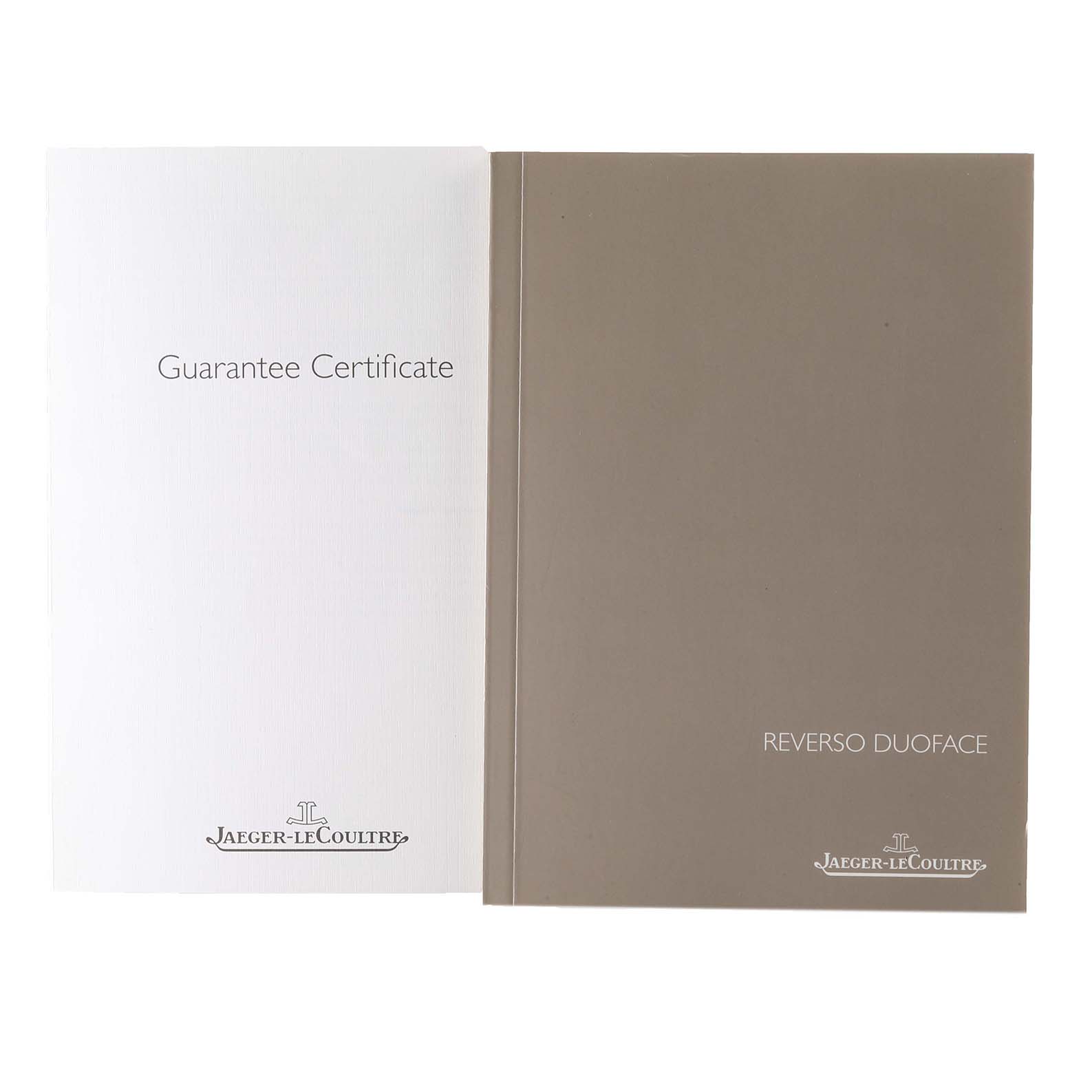 The image shows the Guarantee Certificate and an information booklet for the Jaeger-LeCoultre Reverso Duoface model.