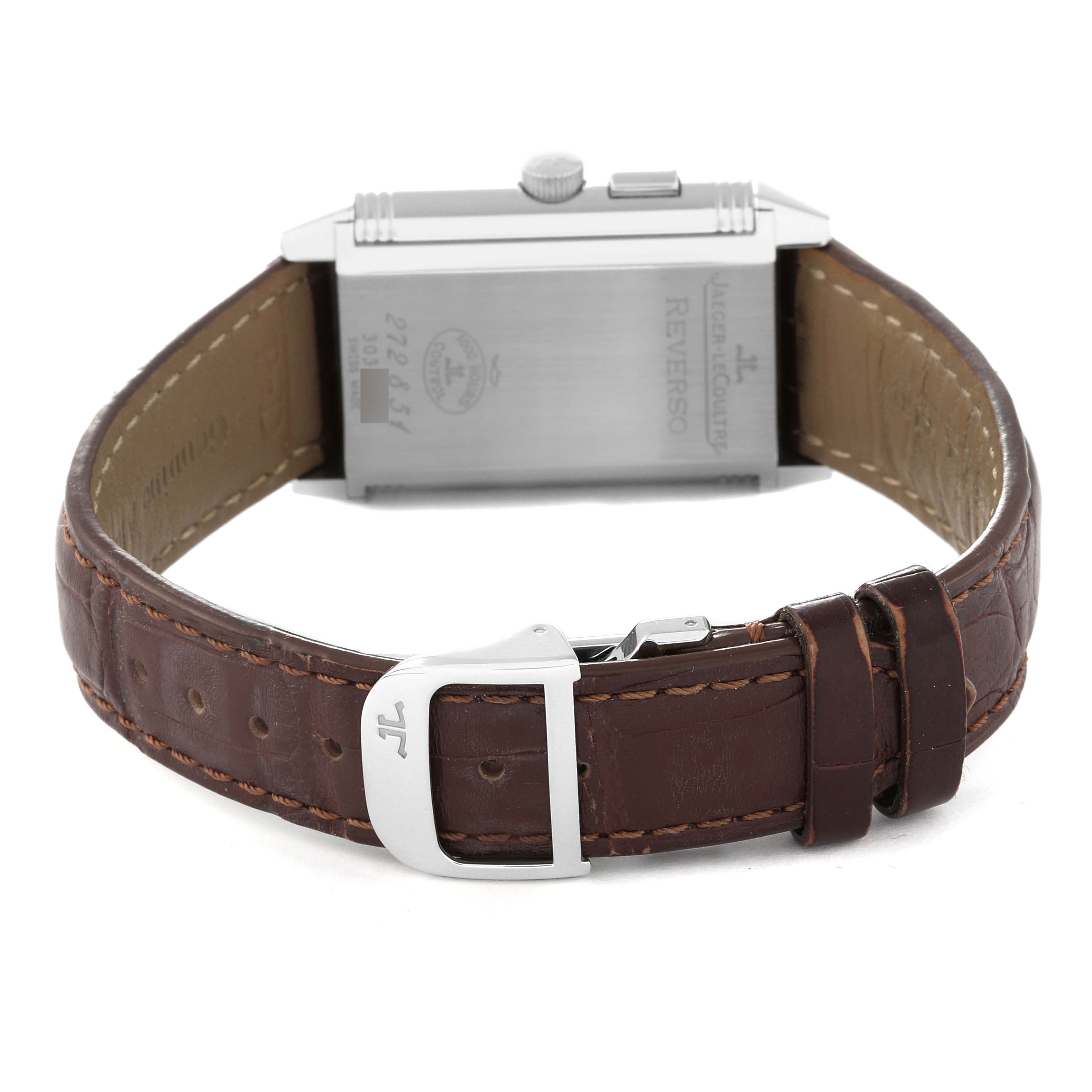 This image shows the back view of a Jaeger LeCoultre Reverso Q2718410 Men's Stainless Steel Silver Dial Q2718410 Men's Stainless Steel Silver Dial watch, featuring a closed case and brown leather strap.