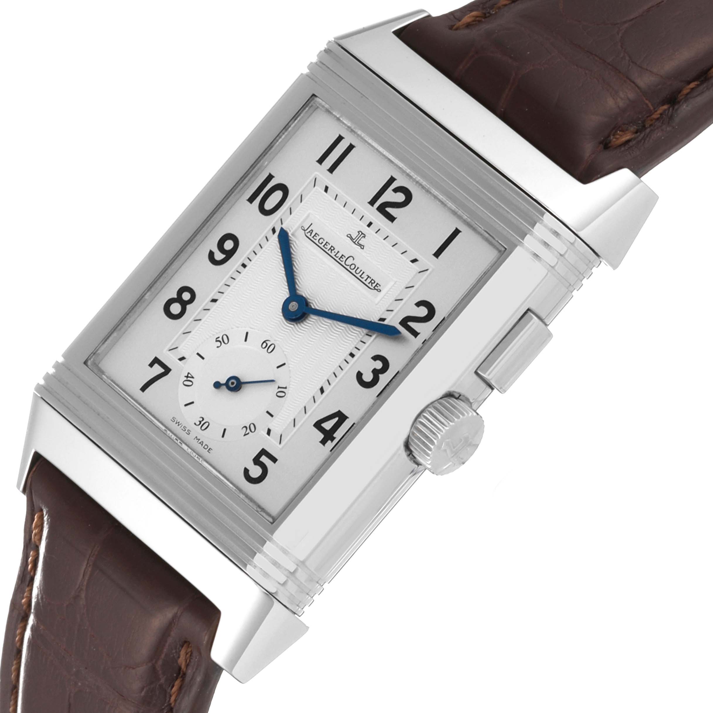 This image displays a Jaeger LeCoultre Reverso Q2718410 Men's Stainless Steel Silver Dial Q2718410 Men's Stainless Steel Silver Dial watch at a diagonal angle, highlighting the dial, crown, case, and leather strap.