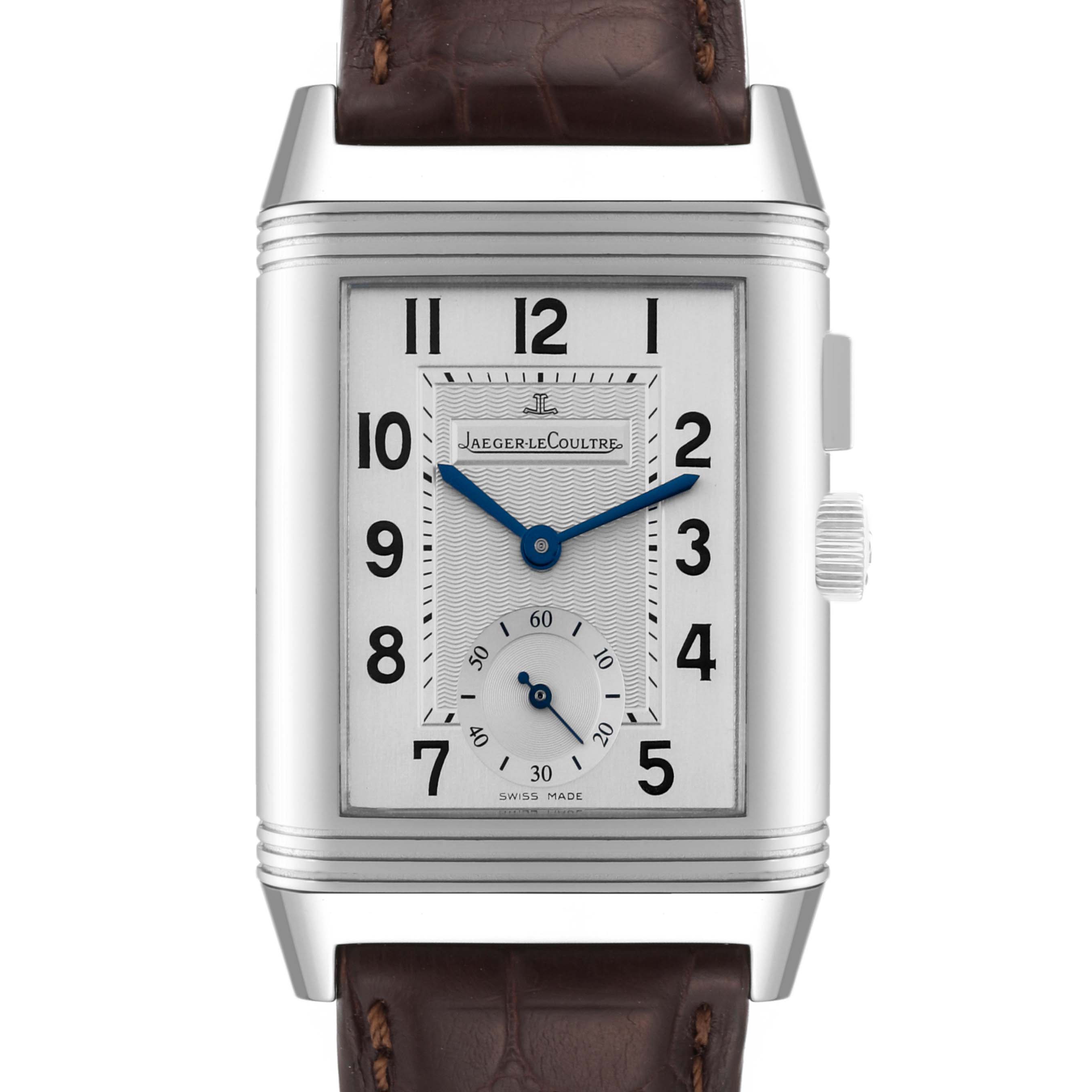 The image shows a front view of the Jaeger-LeCoultre Reverso watch, highlighting its face, case, dial, and leather strap.