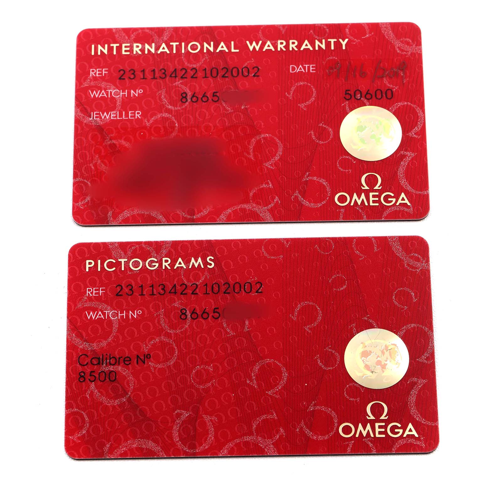 The image shows an angle of warranty and pictogram cards for the Omega Aqua Terra 231.13.42.21.02.002 Men's Stainless Steel White Dial watch model.