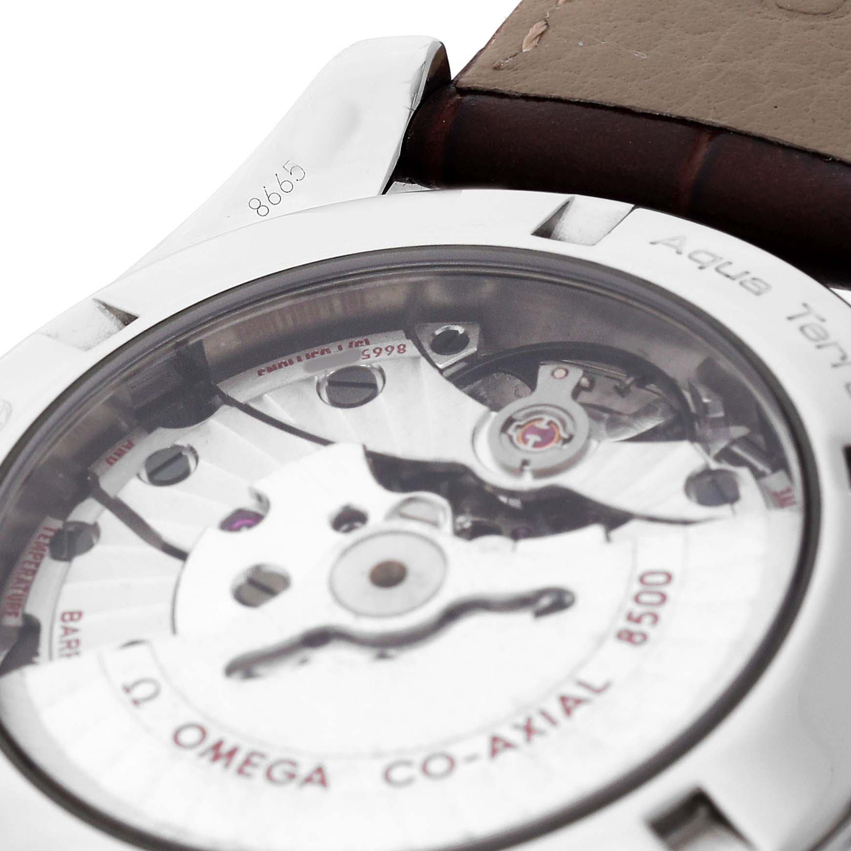 The image shows the back of an Omega Aqua Terra 231.13.42.21.02.002 Men's Stainless Steel White Dial watch, highlighting the transparent case back and movement components.