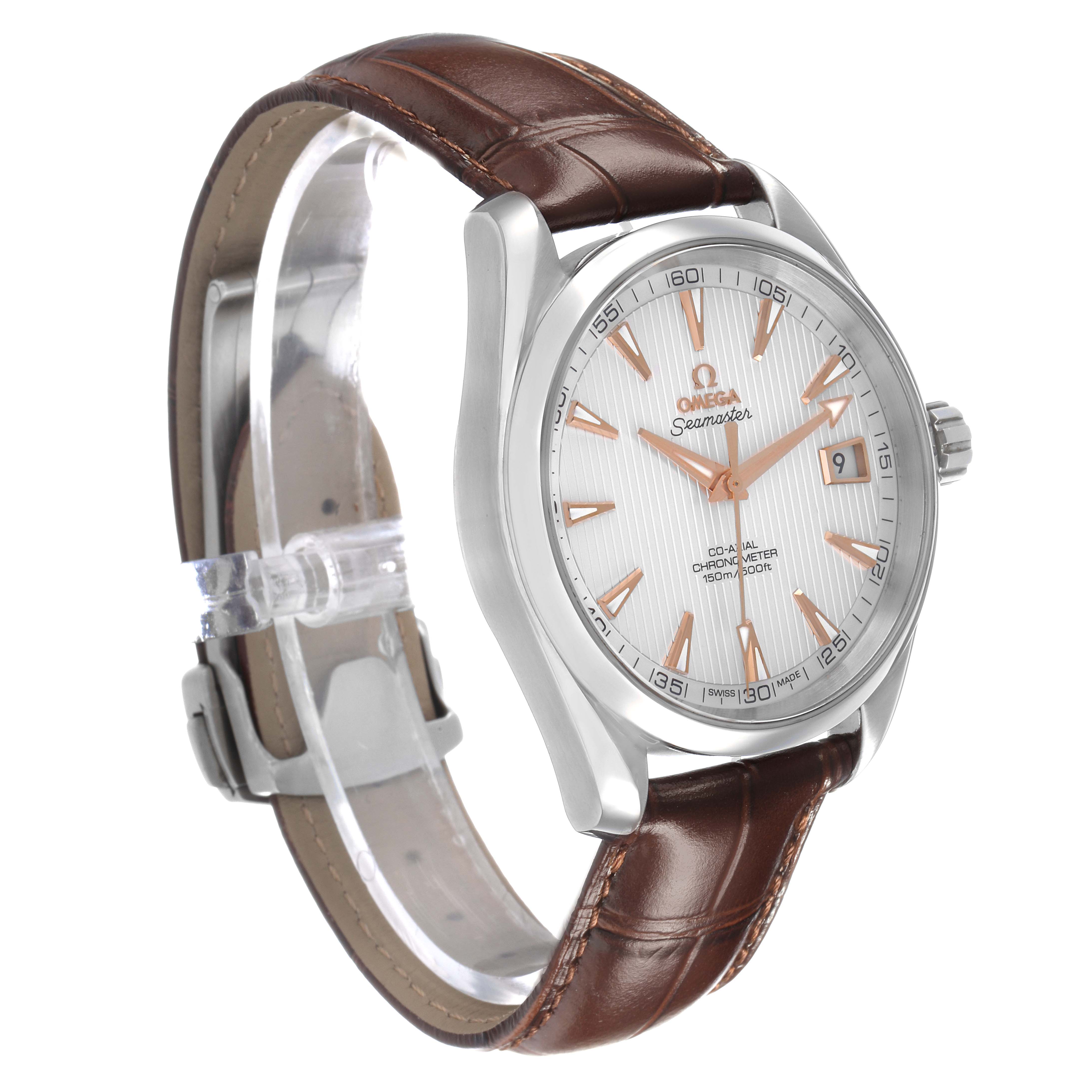 The Omega Aqua Terra 231.13.42.21.02.002 Men's Stainless Steel White Dial watch is shown at a three-quarter angle, highlighting the face, crown, and leather strap.