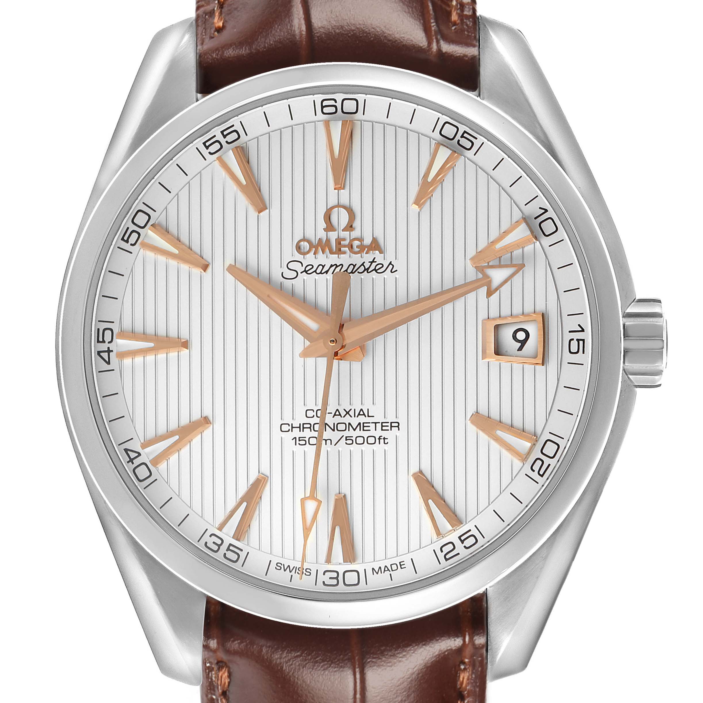The Omega Aqua Terra 231.13.42.21.02.002 Men's Stainless Steel White Dial watch is shown from a front angle, displaying the dial, bezel, hands, and date window.