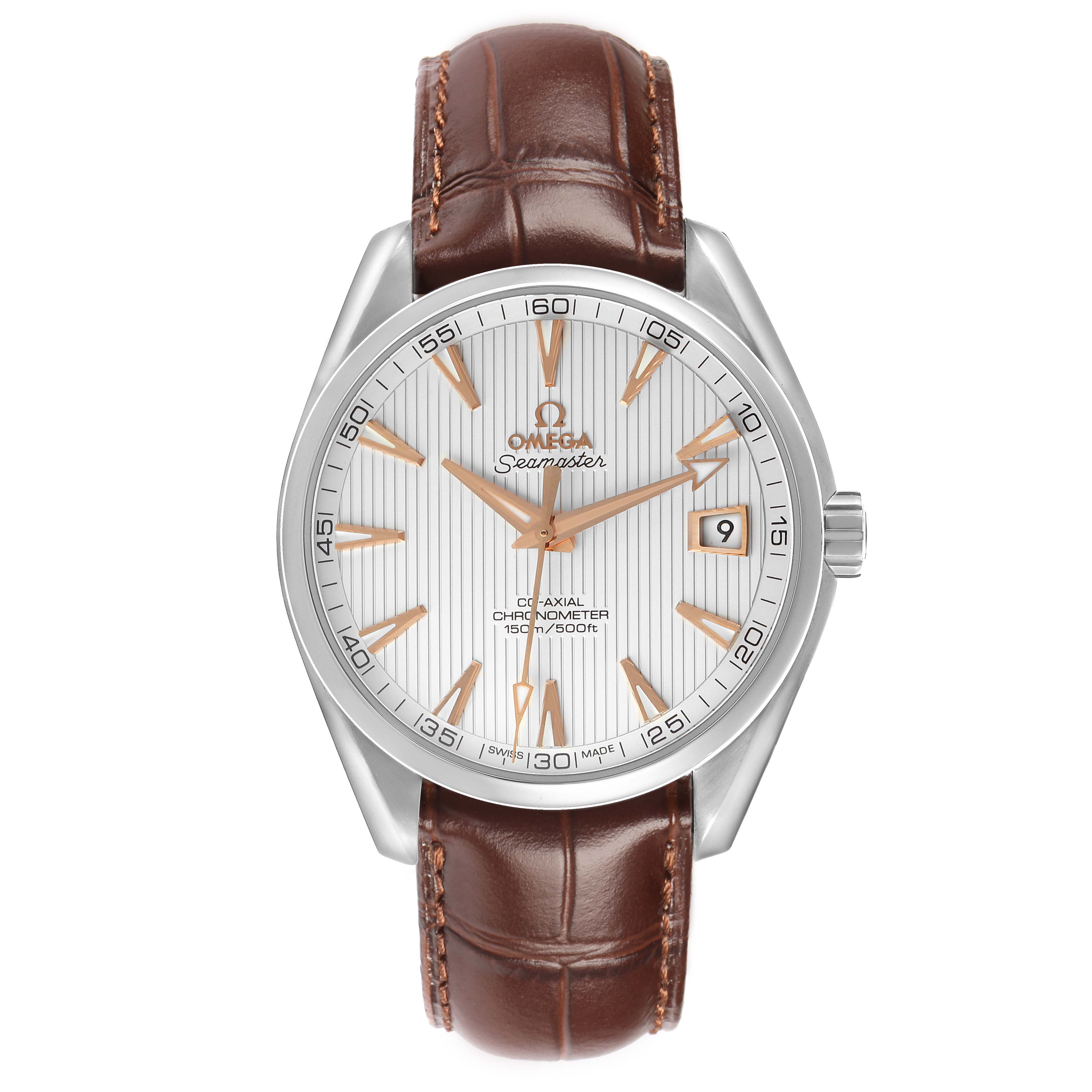 The Omega Aqua Terra 231.13.42.21.02.002 Men's Stainless Steel White Dial watch is shown from a frontal angle, highlighting its face, case, crown, and leather strap.