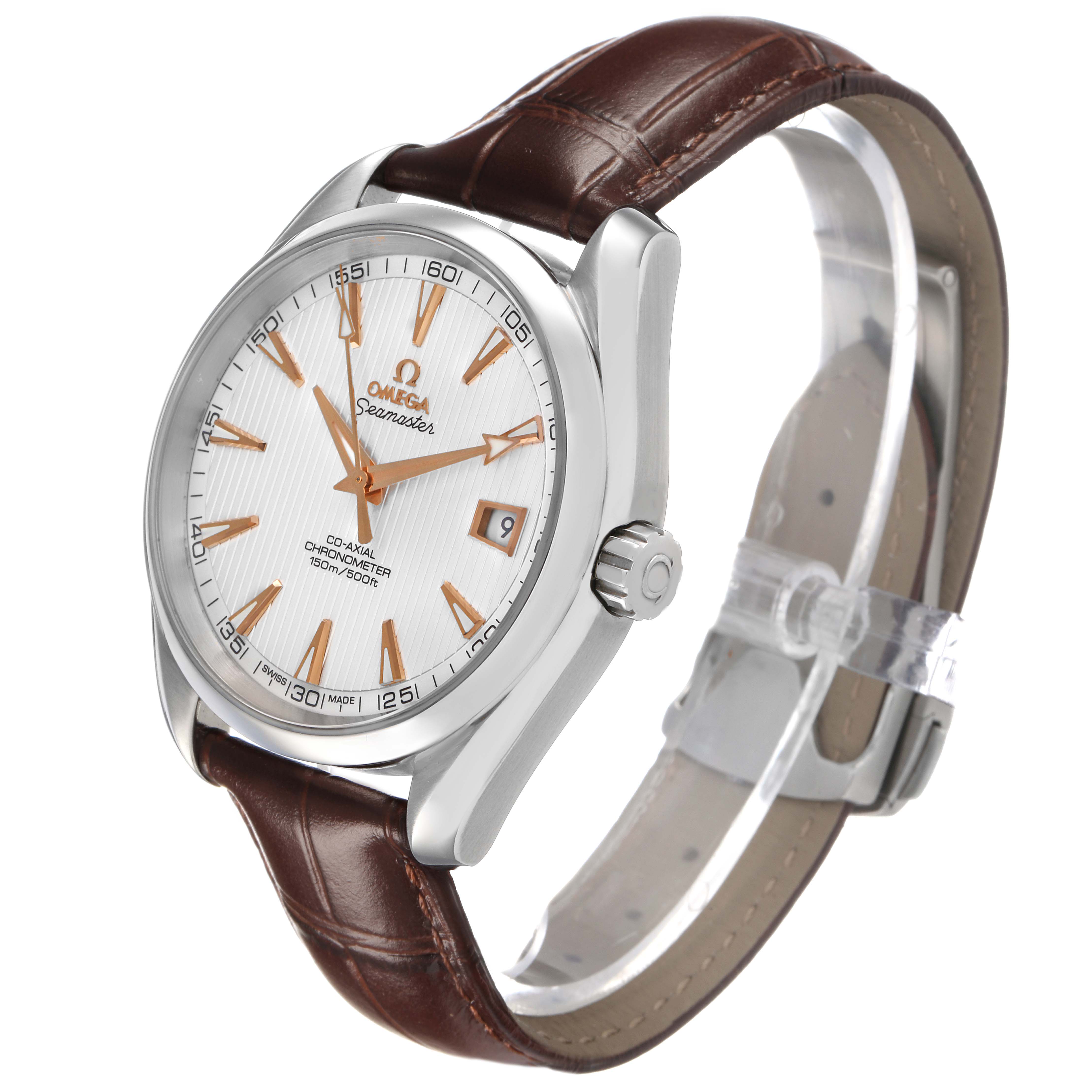 The Omega Aqua Terra 231.13.42.21.02.002 Men's Stainless Steel White Dial watch is shown from a three-quarter angle, displaying the dial, bezel, crown, and leather strap.