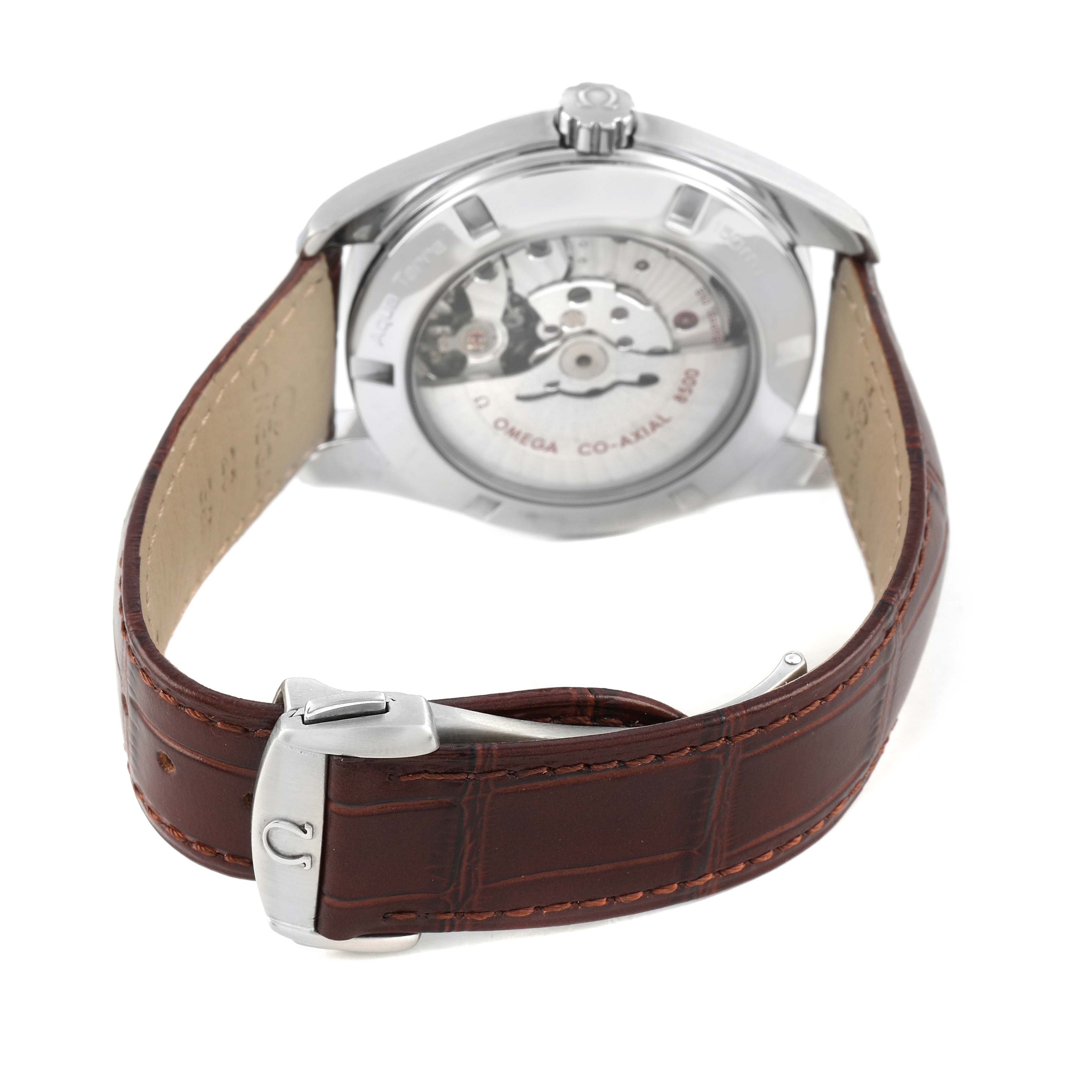 The image shows the rear view of the Omega Aqua Terra 231.13.42.21.02.002 Men's Stainless Steel White Dial watch, highlighting its movement and leather strap.