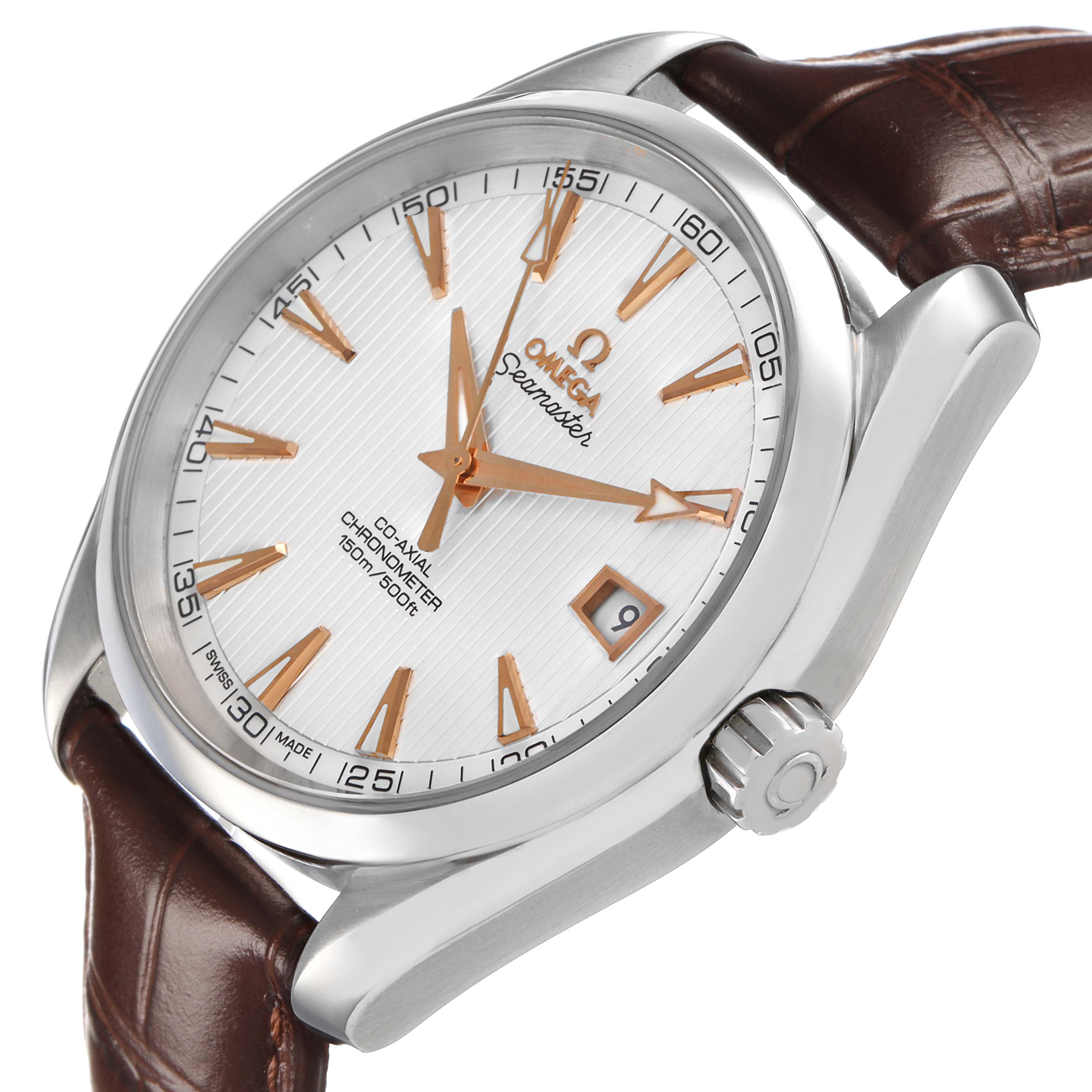 The image shows an angled view of the Omega Aqua Terra 231.13.42.21.02.002 Men's Stainless Steel White Dial watch, highlighting the face, index markers, and crown.