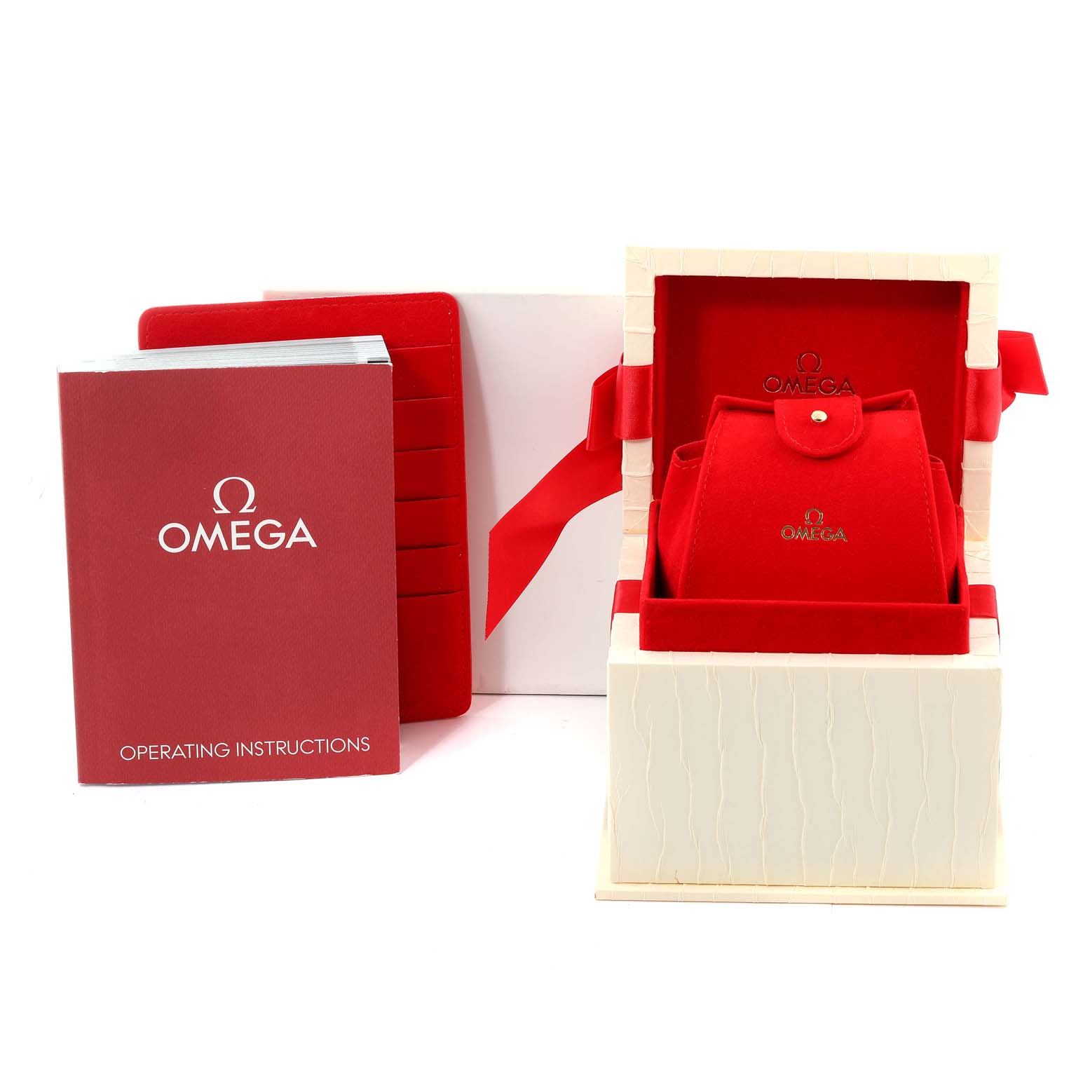 The image shows the packaging contents of the Omega 123.15.24.60.55.006 Women's Stainless Steel Mother of Pearl Dial 123.15.24.60.55.006 Women's Stainless Steel Mother of Pearl Dial Constellation Mother of Pearl Diamond Ladies Watch 123.15.24.60.55.006, including a red box, a white outer box, and an operating manual.