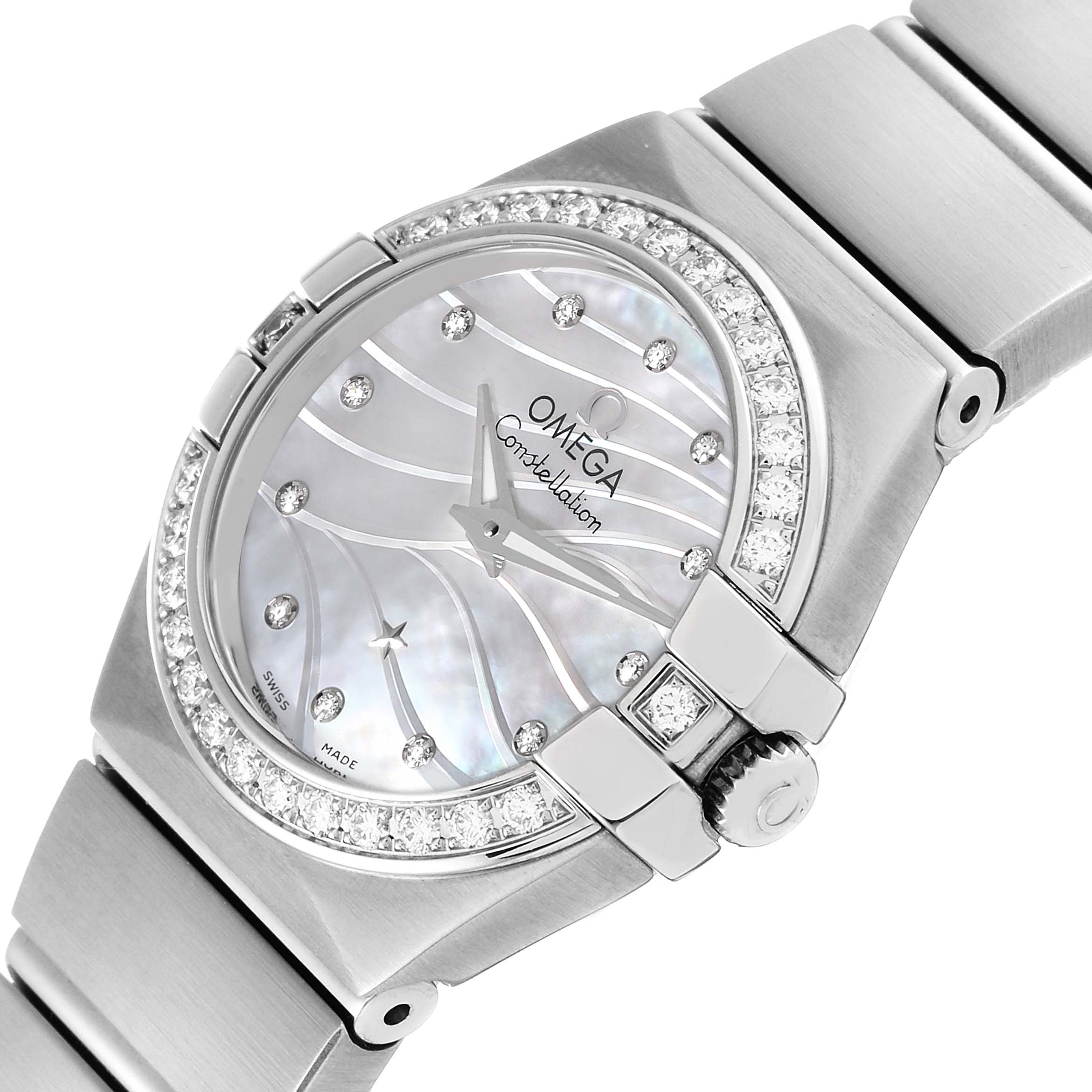 The image shows the dial, bezel, and bracelet of an Omega 123.15.24.60.55.006 Women's Stainless Steel Mother of Pearl Dial 123.15.24.60.55.006 Women's Stainless Steel Mother of Pearl Dial Constellation Mother of Pearl Diamond Ladies Watch 123.15.24.60.55.006 at a slight angle.