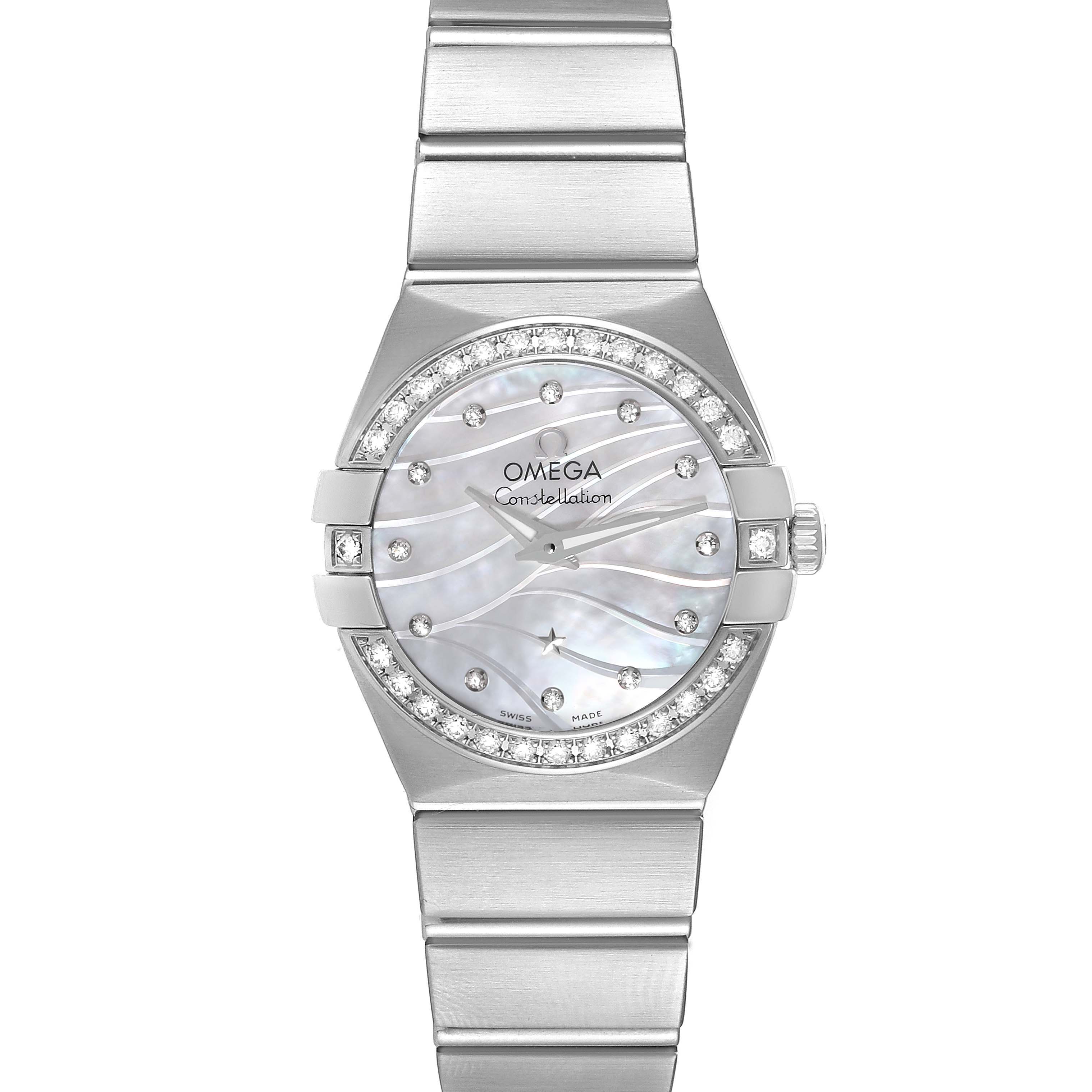 The image shows a front view of the Omega 123.15.24.60.55.006 Women's Stainless Steel Mother of Pearl Dial 123.15.24.60.55.006 Women's Stainless Steel Mother of Pearl Dial Constellation Mother of Pearl Diamond Ladies Watch 123.15.24.60.55.006.