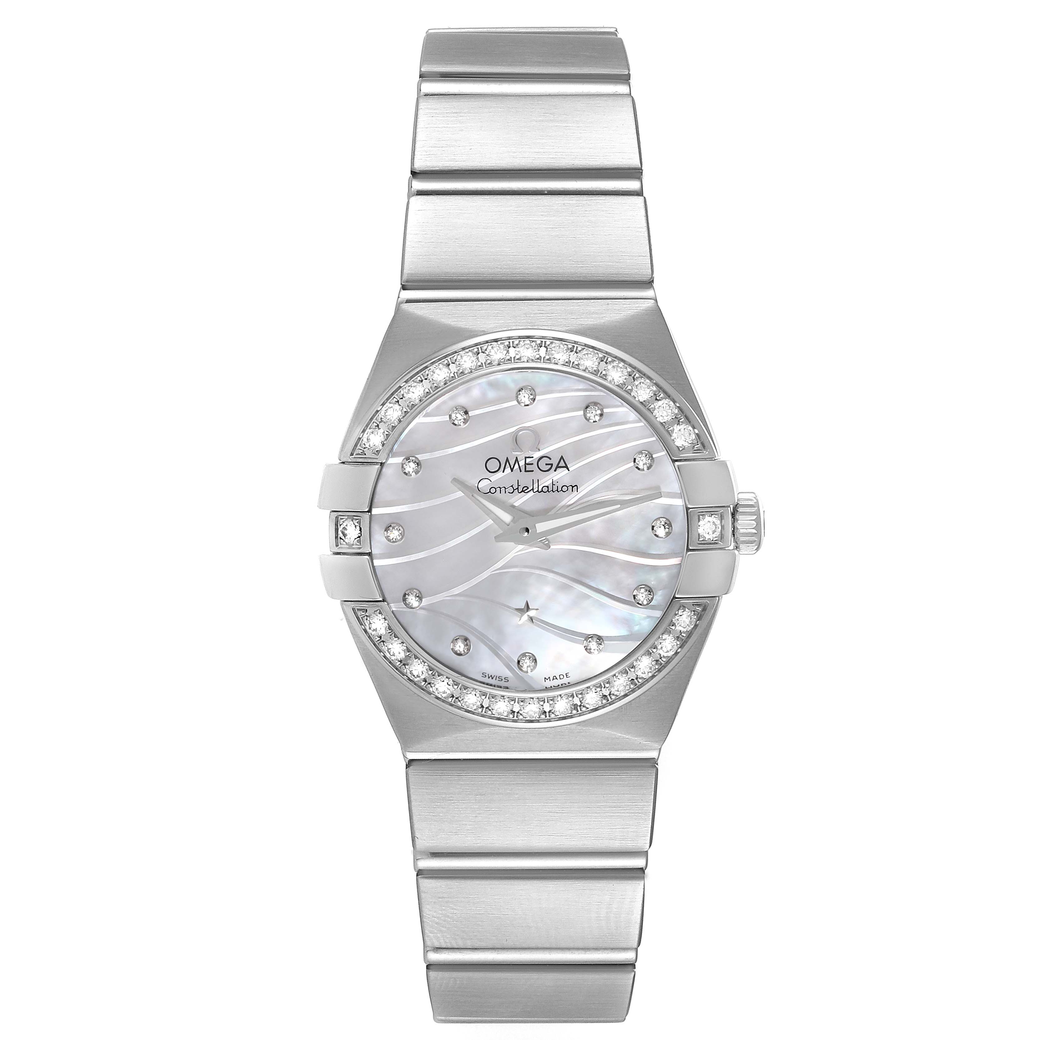 The image shows a front-facing view of the Omega 123.15.24.60.55.006 Women's Stainless Steel Mother of Pearl Dial 123.15.24.60.55.006 Women's Stainless Steel Mother of Pearl Dial Constellation Mother of Pearl Diamond Ladies Watch model 123.15.24.60.55.006.