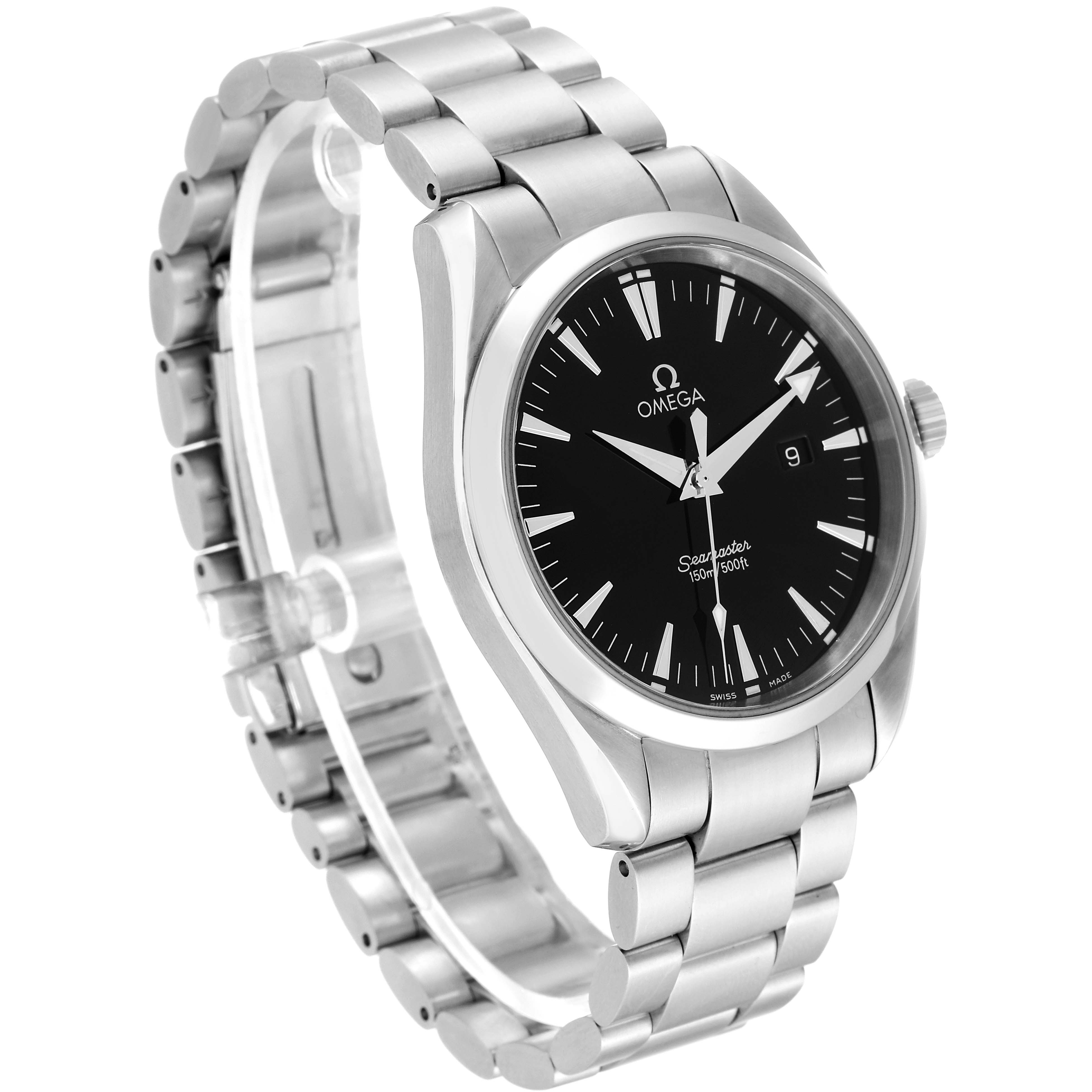 The Omega Aqua Terra 2517.50.00 Men's Stainless Steel Black Dial 2517.50.00 Men's Stainless Steel Black Dial watch is shown at a three-quarter angle, highlighting its stainless steel bracelet and black dial.