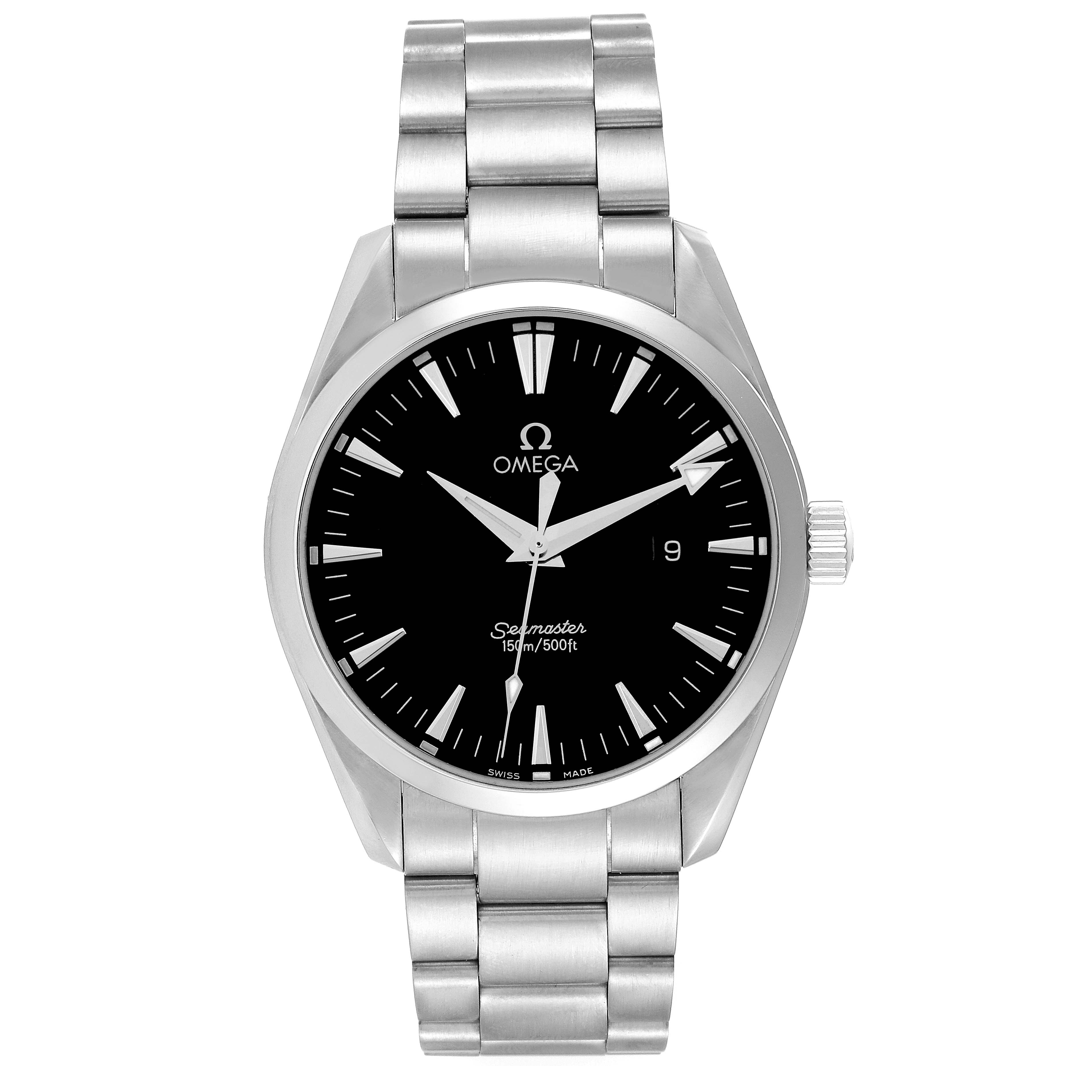 The image shows a front angle of the Omega Seamaster Aqua Terra watch, displaying the bracelet, dial, hands, and date window.