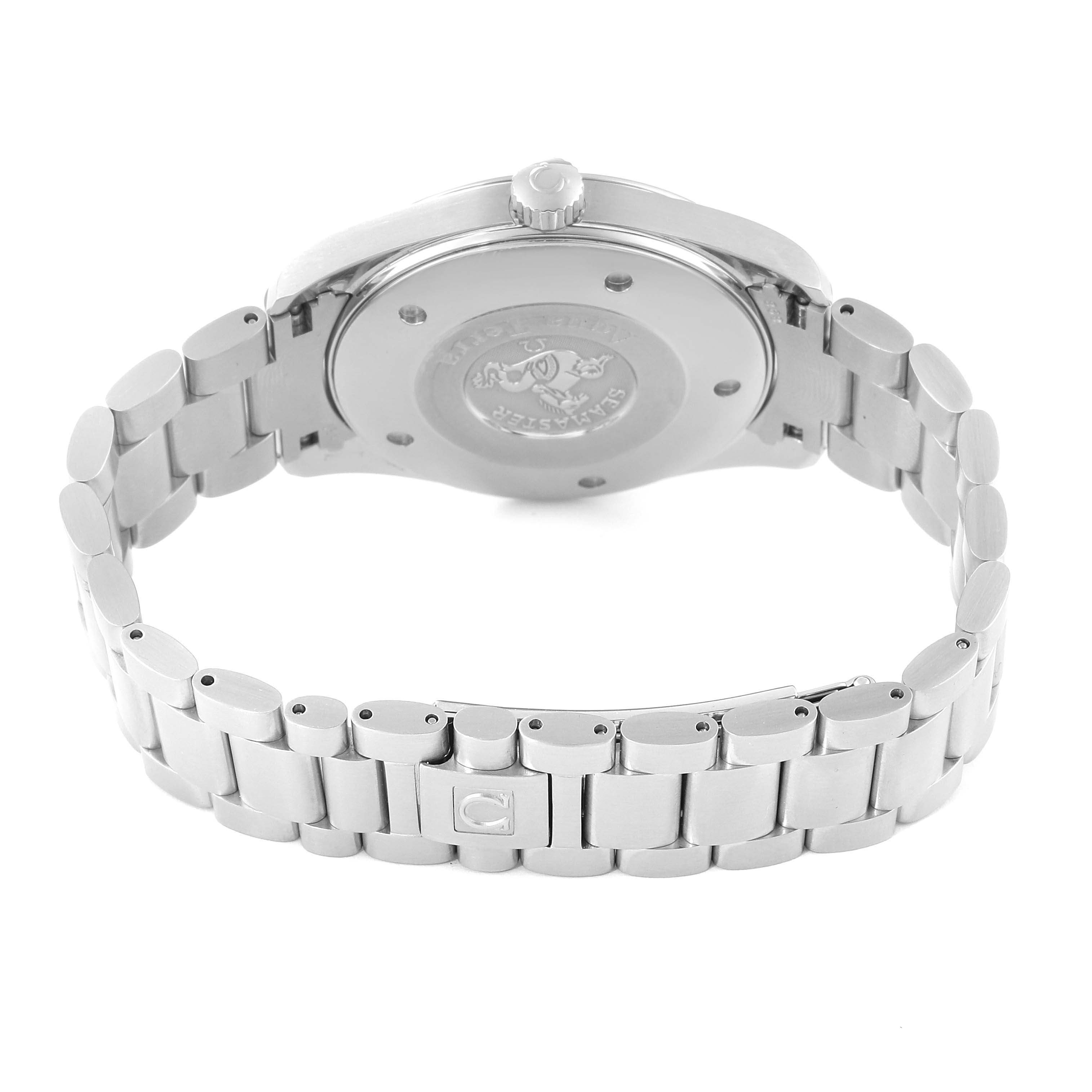 The image shows the back case and bracelet of an Omega Aqua Terra 2517.50.00 Men's Stainless Steel Black Dial 2517.50.00 Men's Stainless Steel Black Dial watch, displaying the clasp and case back details.