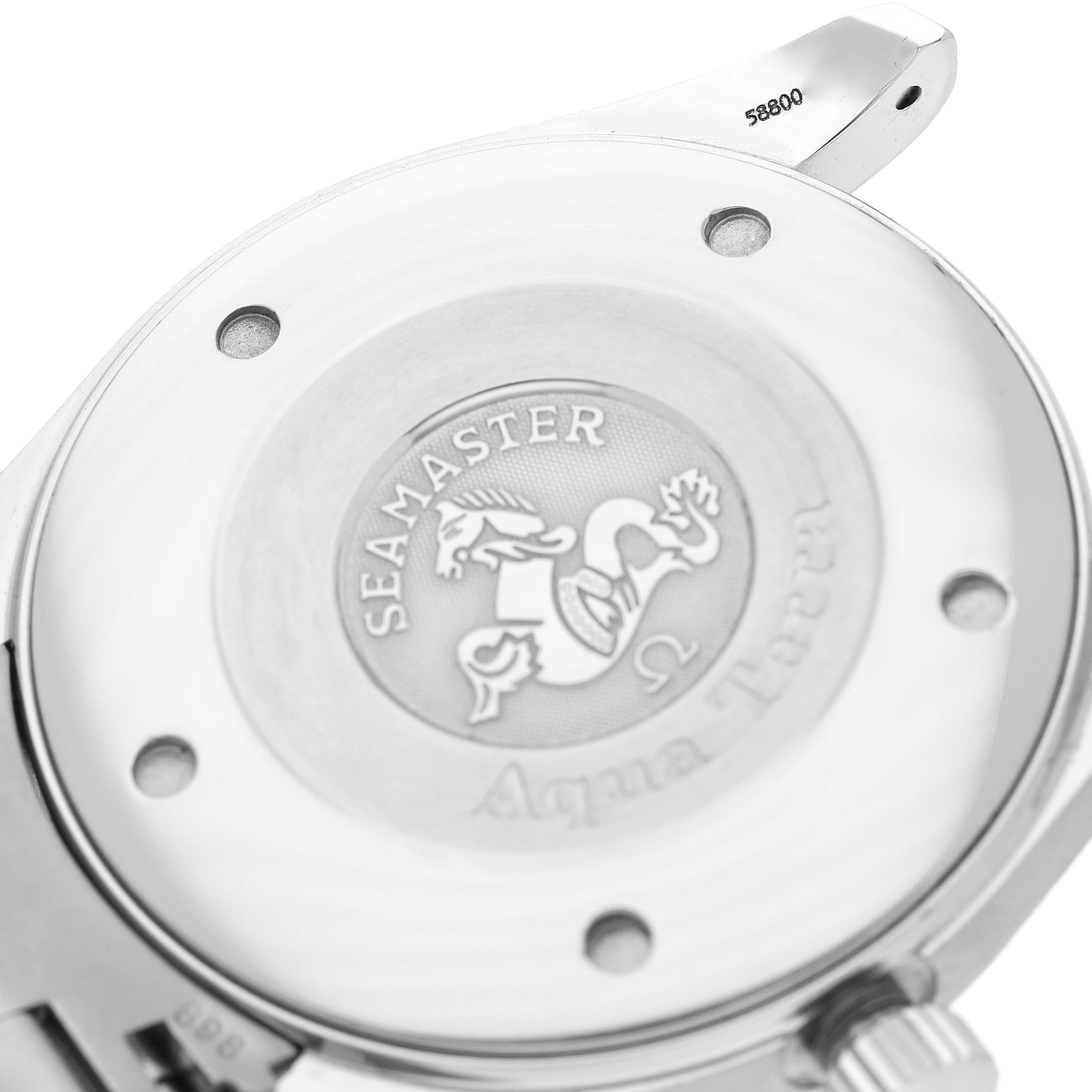 The image shows the back case of an Omega Aqua Terra 2517.50.00 Men's Stainless Steel Black Dial 2517.50.00 Men's Stainless Steel Black Dial watch, featuring the Seamaster logo.