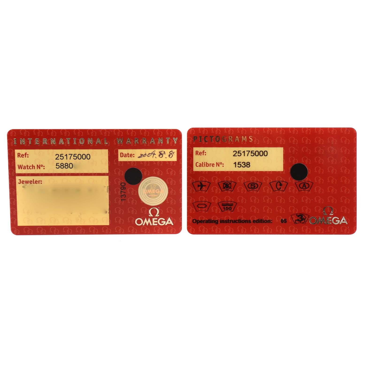 The image shows the international warranty and pictograms cards for the Omega Aqua Terra 2517.50.00 Men's Stainless Steel Black Dial 2517.50.00 Men's Stainless Steel Black Dial model.