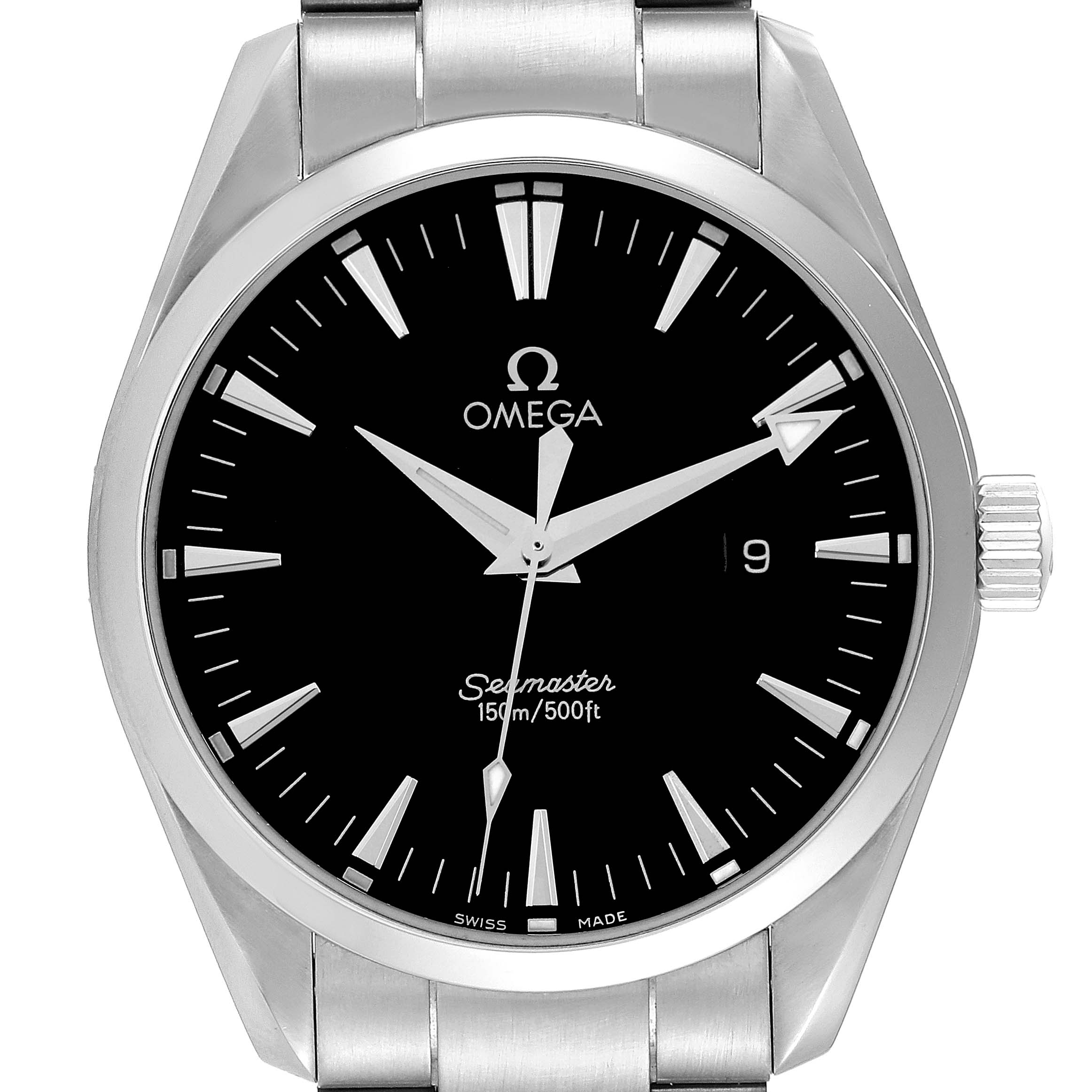 The image shows a front view of the Omega Aqua Terra 2517.50.00 Men's Stainless Steel Black Dial 2517.50.00 Men's Stainless Steel Black Dial model watch, highlighting its black dial, date window, and stainless steel bracelet.