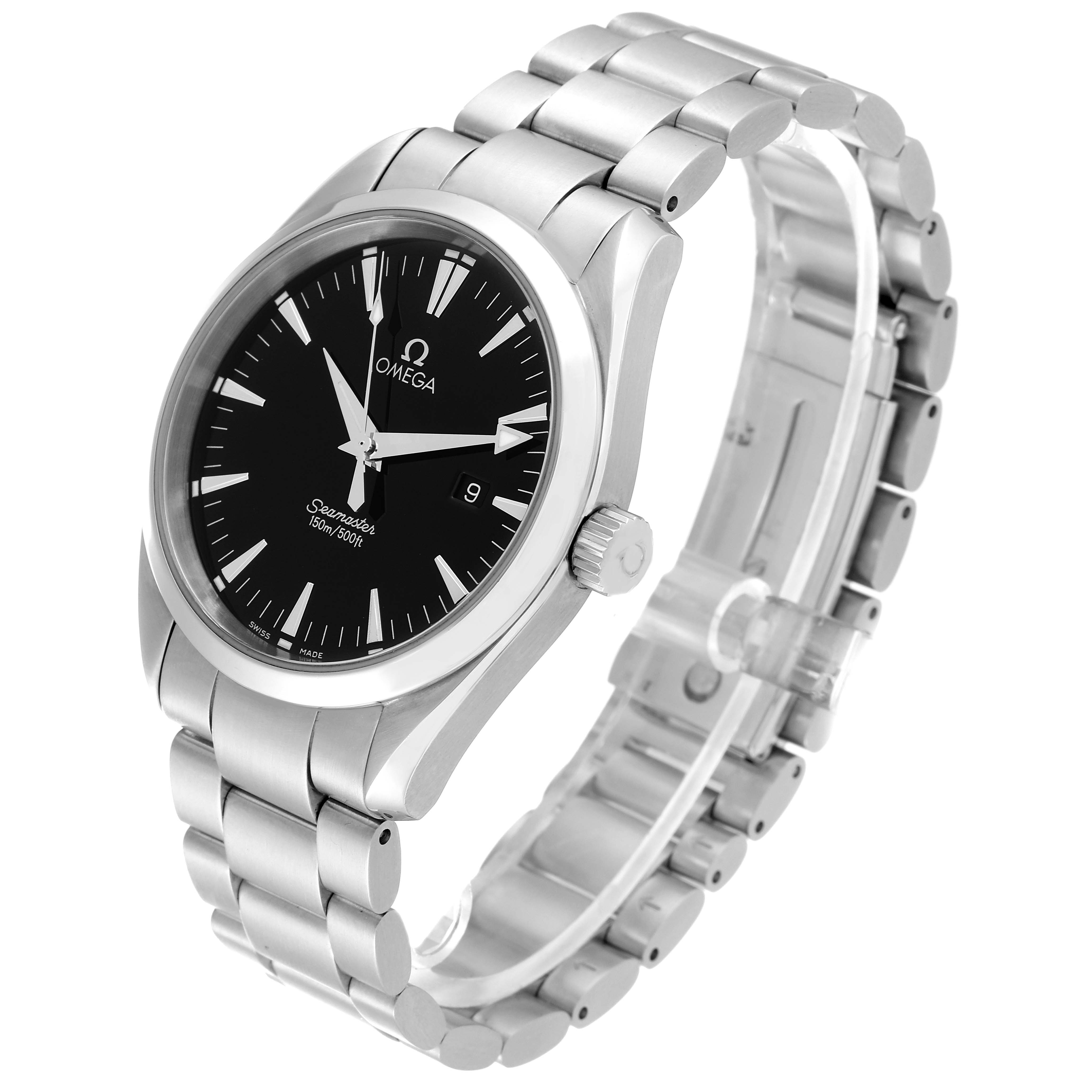 The image shows the Omega Aqua Terra 2517.50.00 Men's Stainless Steel Black Dial 2517.50.00 Men's Stainless Steel Black Dial watch at an angle, highlighting its face, bezel, crown, and metal bracelet.