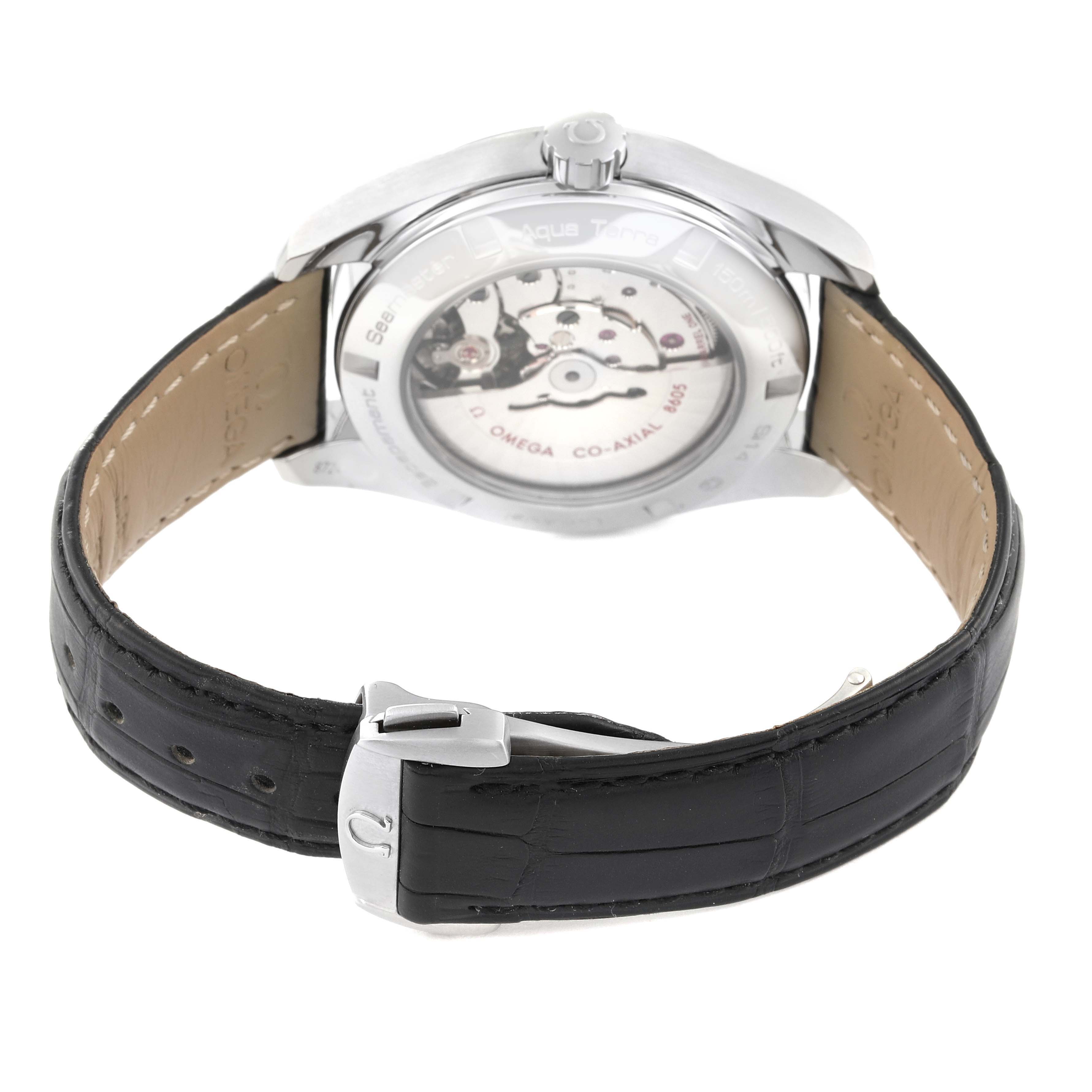 The image shows the back and side view of the Omega Aqua Terra 231.13.43.22.01.001 Men's Stainless Steel Black Dial 231.13.43.22.01.001 Men's Stainless Steel Black Dial watch, highlighting its movement and black leather strap.