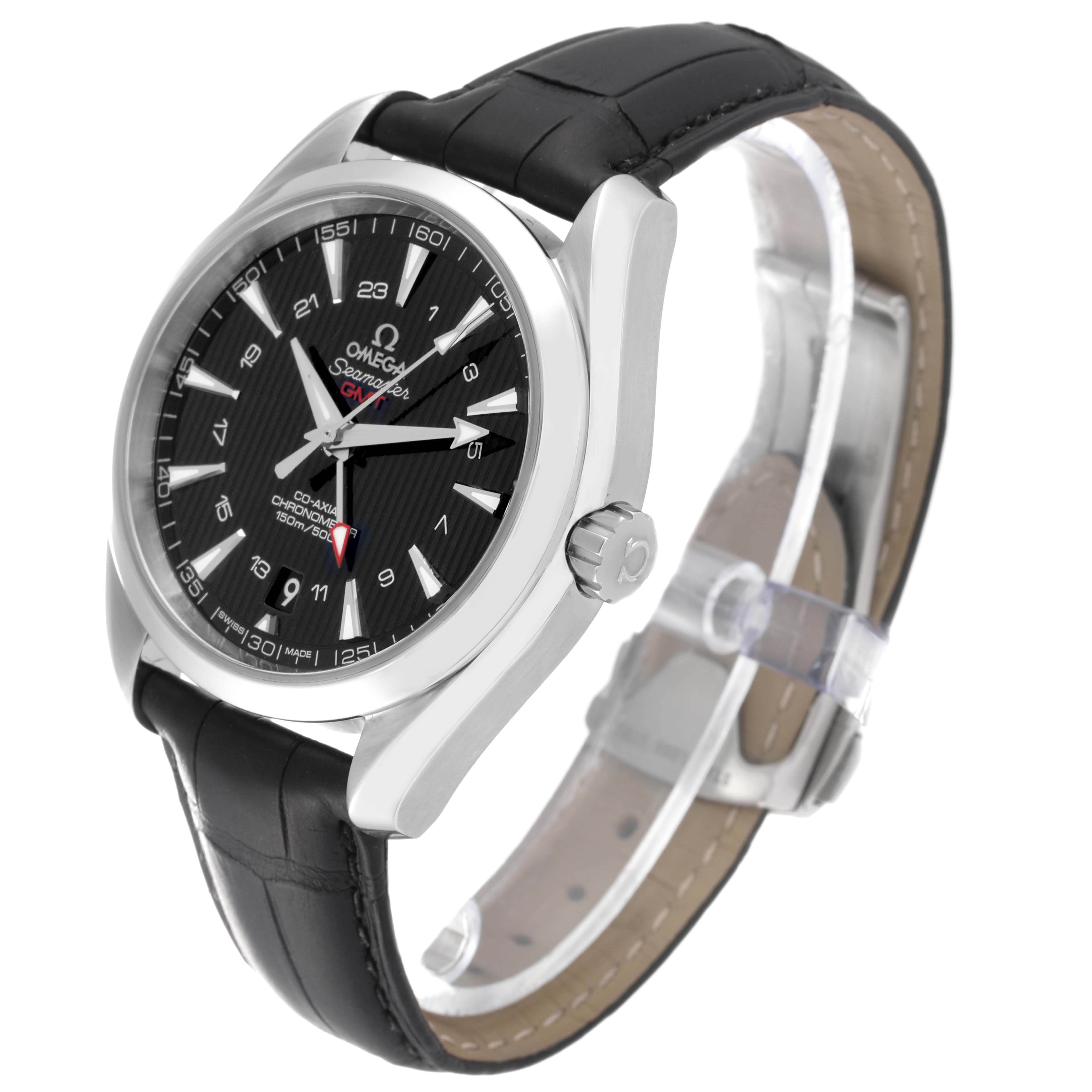 The image shows an angled side view of the Omega Aqua Terra 231.13.43.22.01.001 Men's Stainless Steel Black Dial 231.13.43.22.01.001 Men's Stainless Steel Black Dial watch, highlighting its black dial, crown, and leather strap.