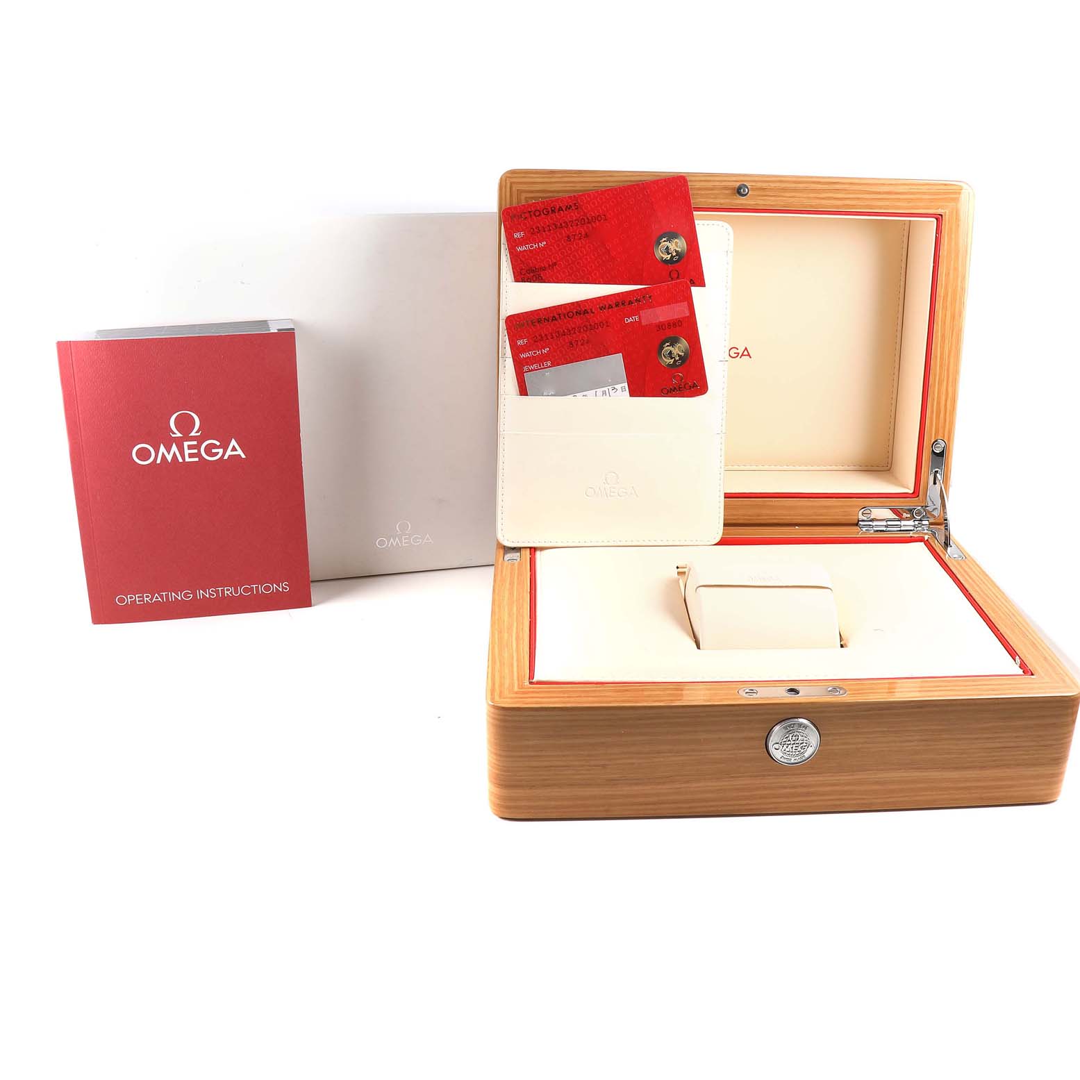 The image shows the packaging for the Omega Aqua Terra 231.13.43.22.01.001 Men's Stainless Steel Black Dial 231.13.43.22.01.001 Men's Stainless Steel Black Dial, including the display box, operating instructions, and warranty cards.