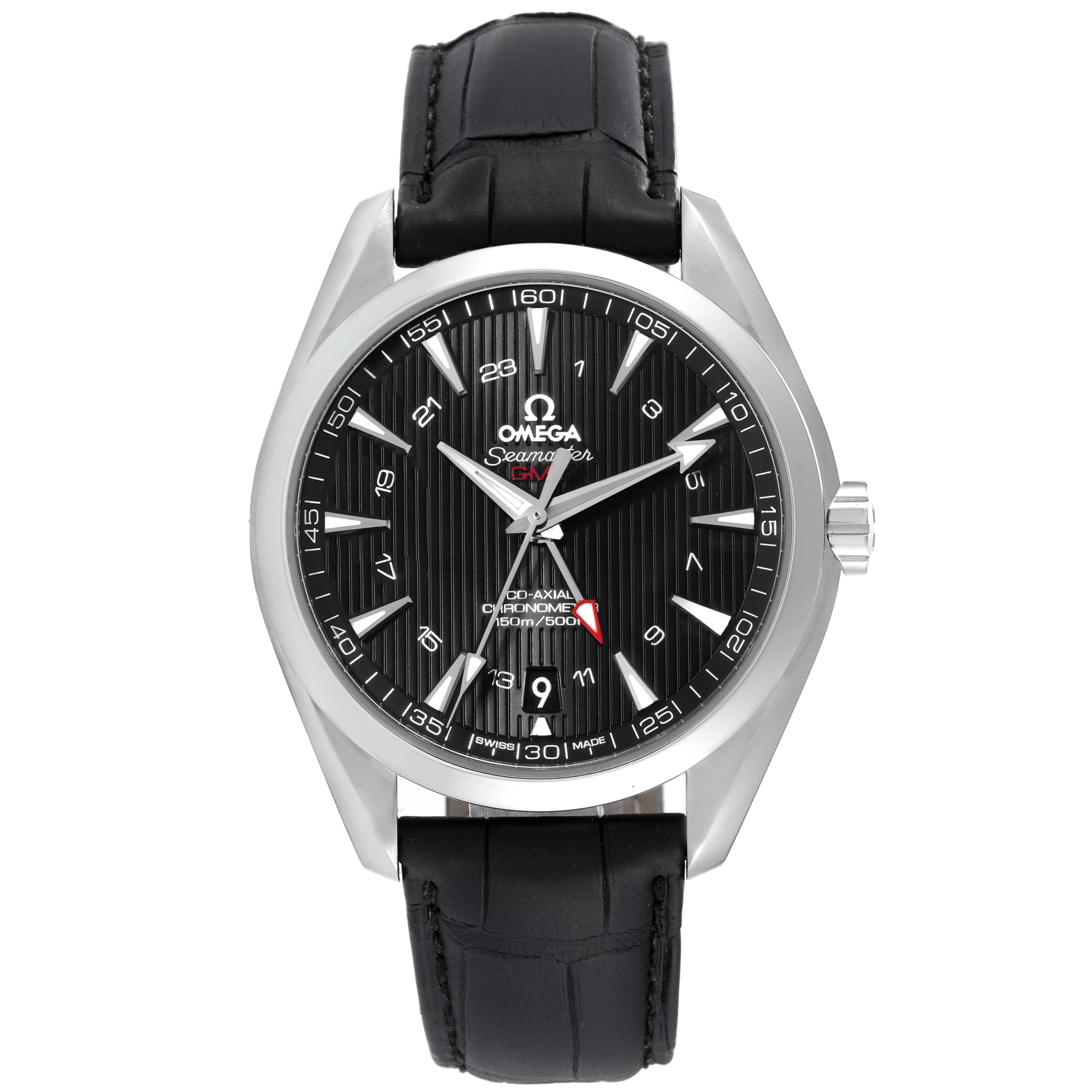 The image shows a front view of an Omega Aqua Terra 231.13.43.22.01.001 Men's Stainless Steel Black Dial 231.13.43.22.01.001 Men's Stainless Steel Black Dial watch with a black dial and leather strap.