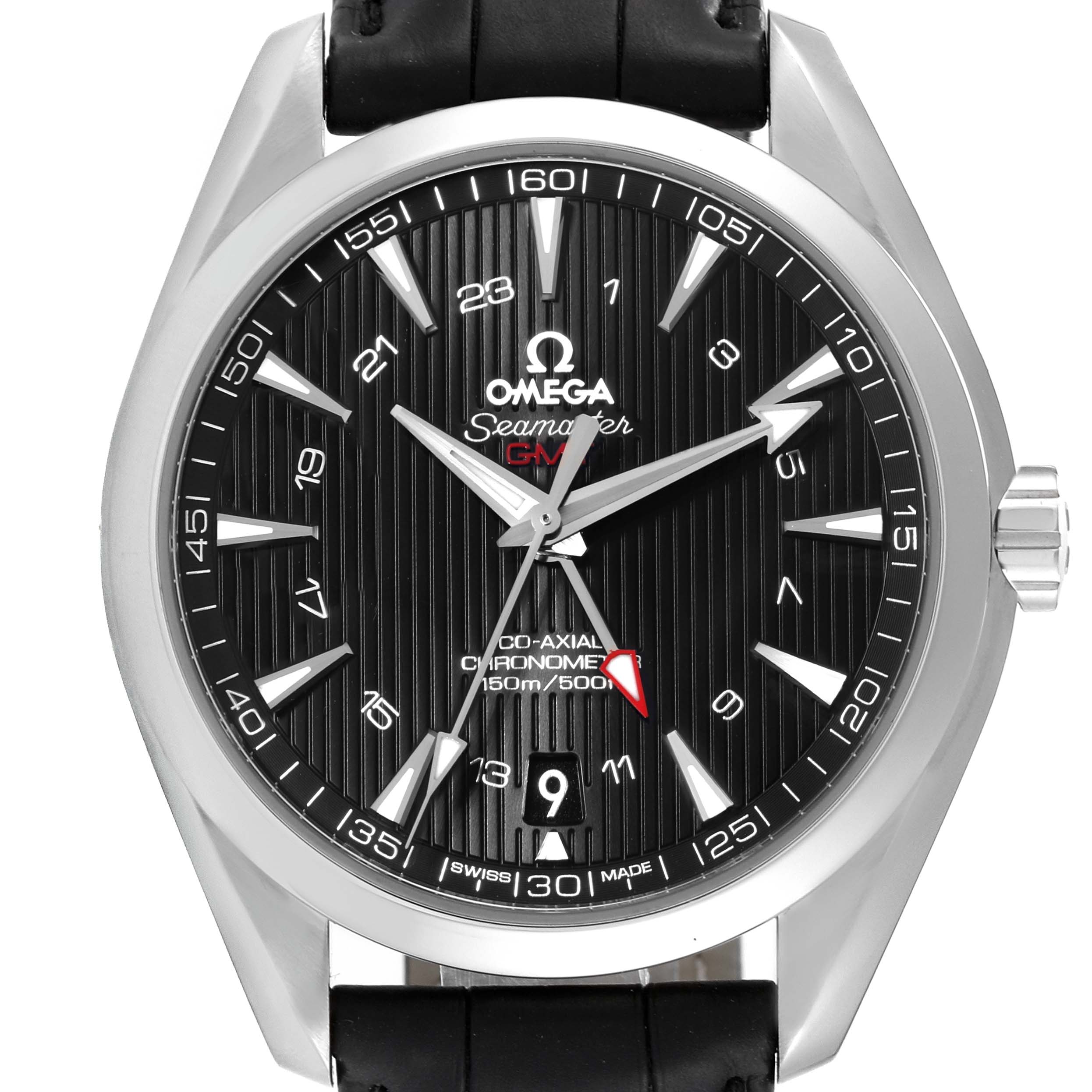 The image shows a frontal view of the Omega Aqua Terra 231.13.43.22.01.001 Men's Stainless Steel Black Dial 231.13.43.22.01.001 Men's Stainless Steel Black Dial watch, displaying its black dial, hands, indices, date window, and crown.