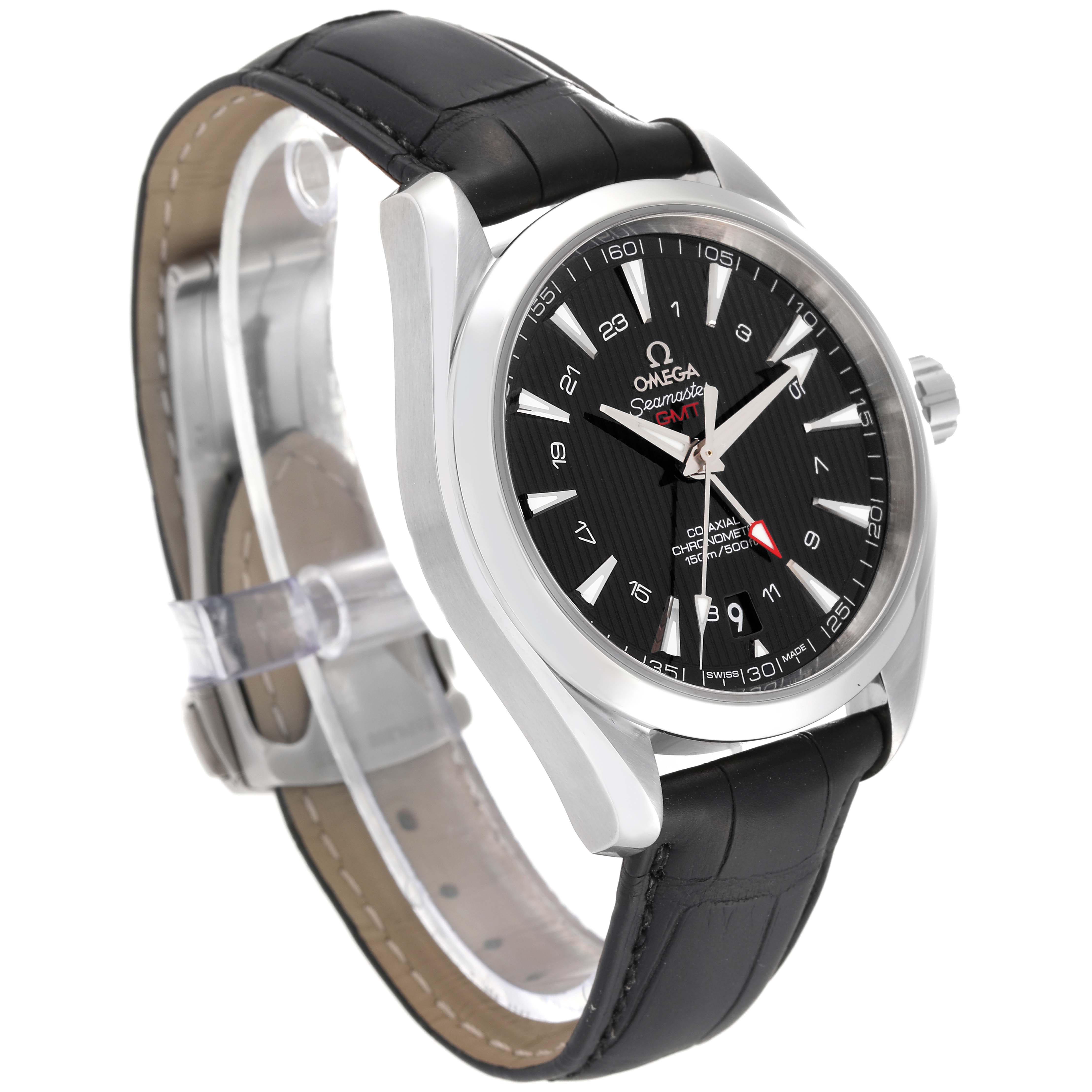 The Omega Aqua Terra 231.13.43.22.01.001 Men's Stainless Steel Black Dial 231.13.43.22.01.001 Men's Stainless Steel Black Dial watch is shown at an angled side view, highlighting the face, bezel, and black leather strap.