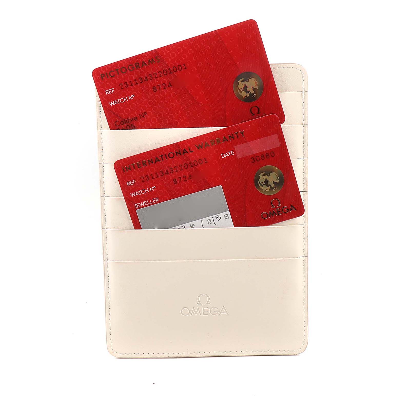 The image shows Omega Aqua Terra 231.13.43.22.01.001 Men's Stainless Steel Black Dial 231.13.43.22.01.001 Men's Stainless Steel Black Dial model warranty and pictogram cards in a white cardholder.