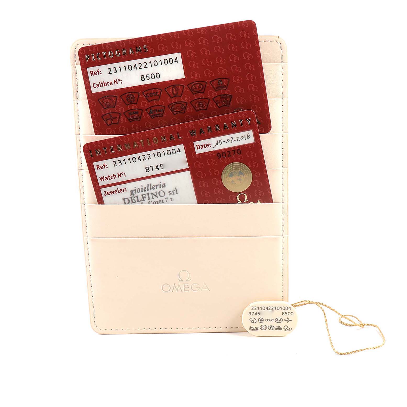 The image shows the warranty cards and documentation holder for the Omega Aqua Terra 231.10.42.21.01.004 Men's Stainless Steel Black Dial 231.10.42.21.01.004 Men's Stainless Steel Black Dial model.