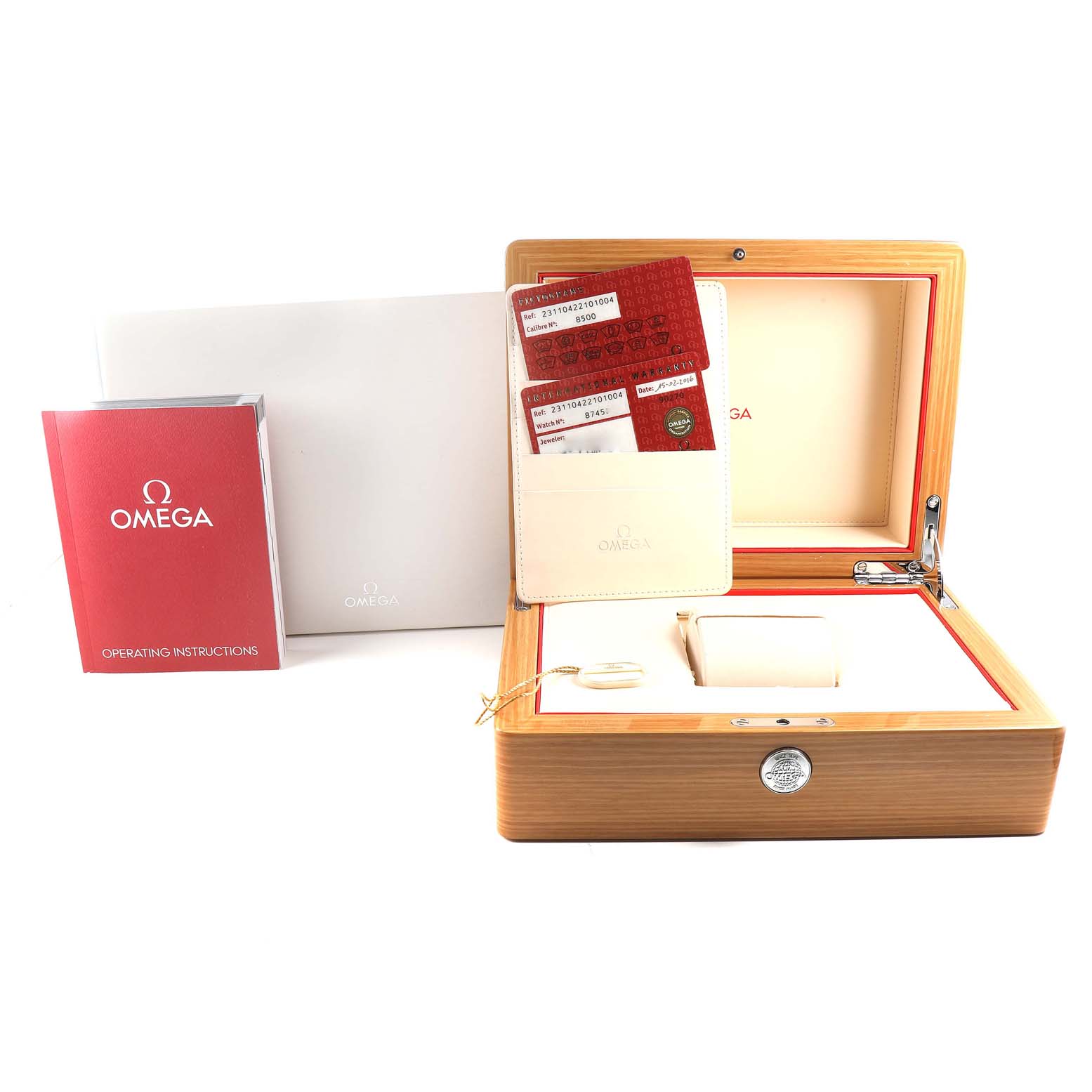 The image shows the presentation box, instruction manual, and warranty cards for the Omega Aqua Terra 231.10.42.21.01.004 Men's Stainless Steel Black Dial 231.10.42.21.01.004 Men's Stainless Steel Black Dial watch.