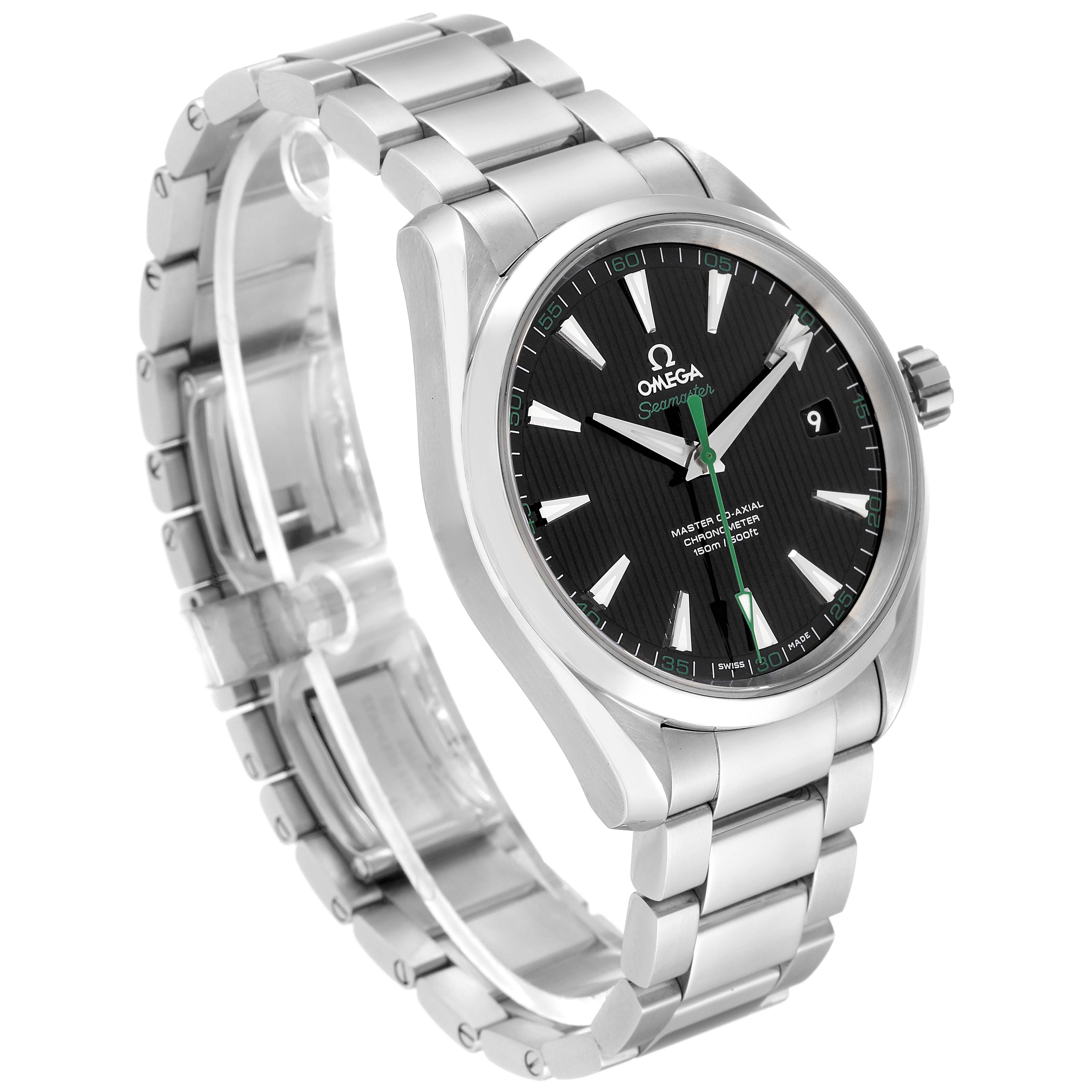 The image displays an Omega Aqua Terra 231.10.42.21.01.004 Men's Stainless Steel Black Dial 231.10.42.21.01.004 Men's Stainless Steel Black Dial model watch at a three-quarter angle, highlighting its stainless steel band and black dial.