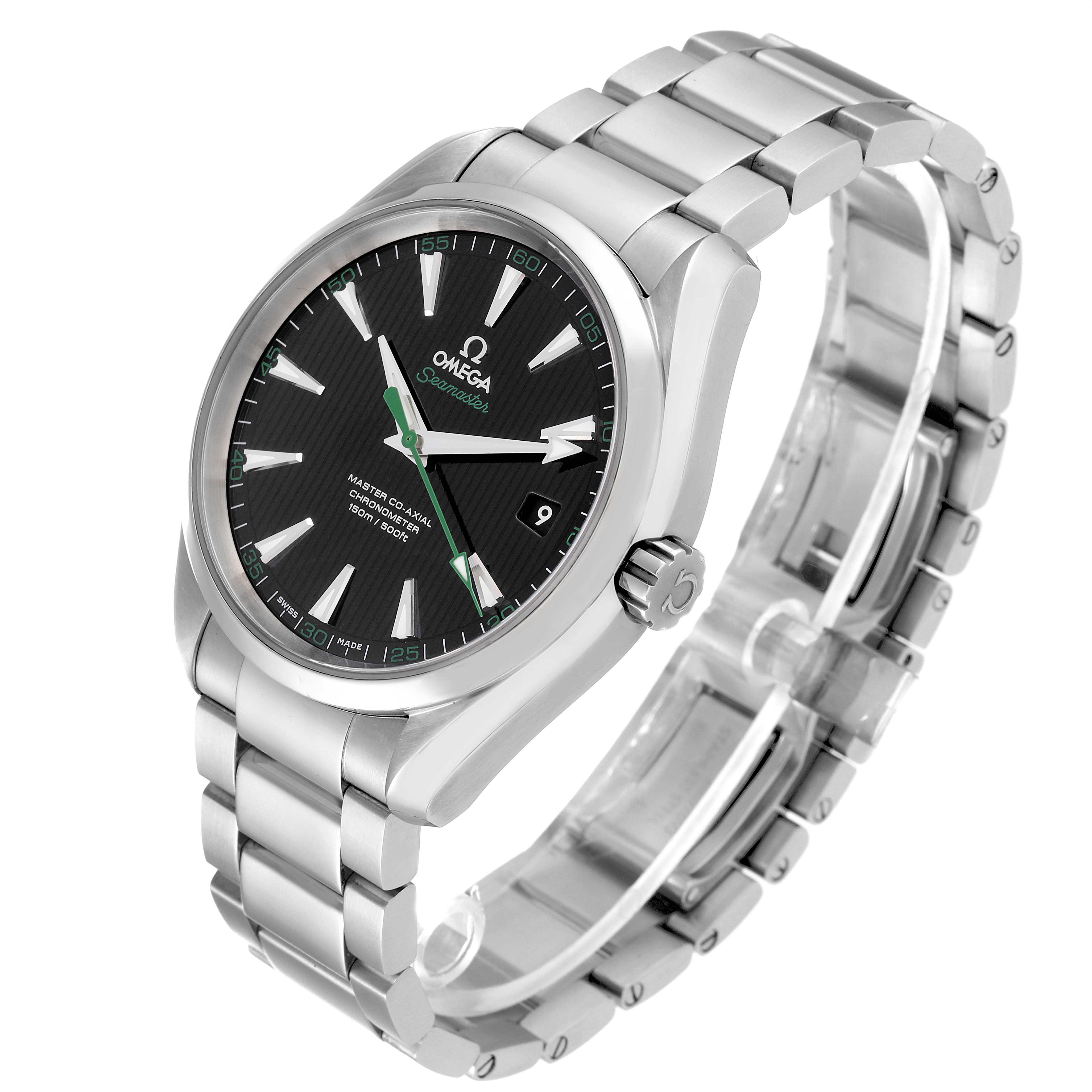 The Omega Aqua Terra 231.10.42.21.01.004 Men's Stainless Steel Black Dial 231.10.42.21.01.004 Men's Stainless Steel Black Dial watch is shown at an angle highlighting the dial, bezel, crown, and metal bracelet.