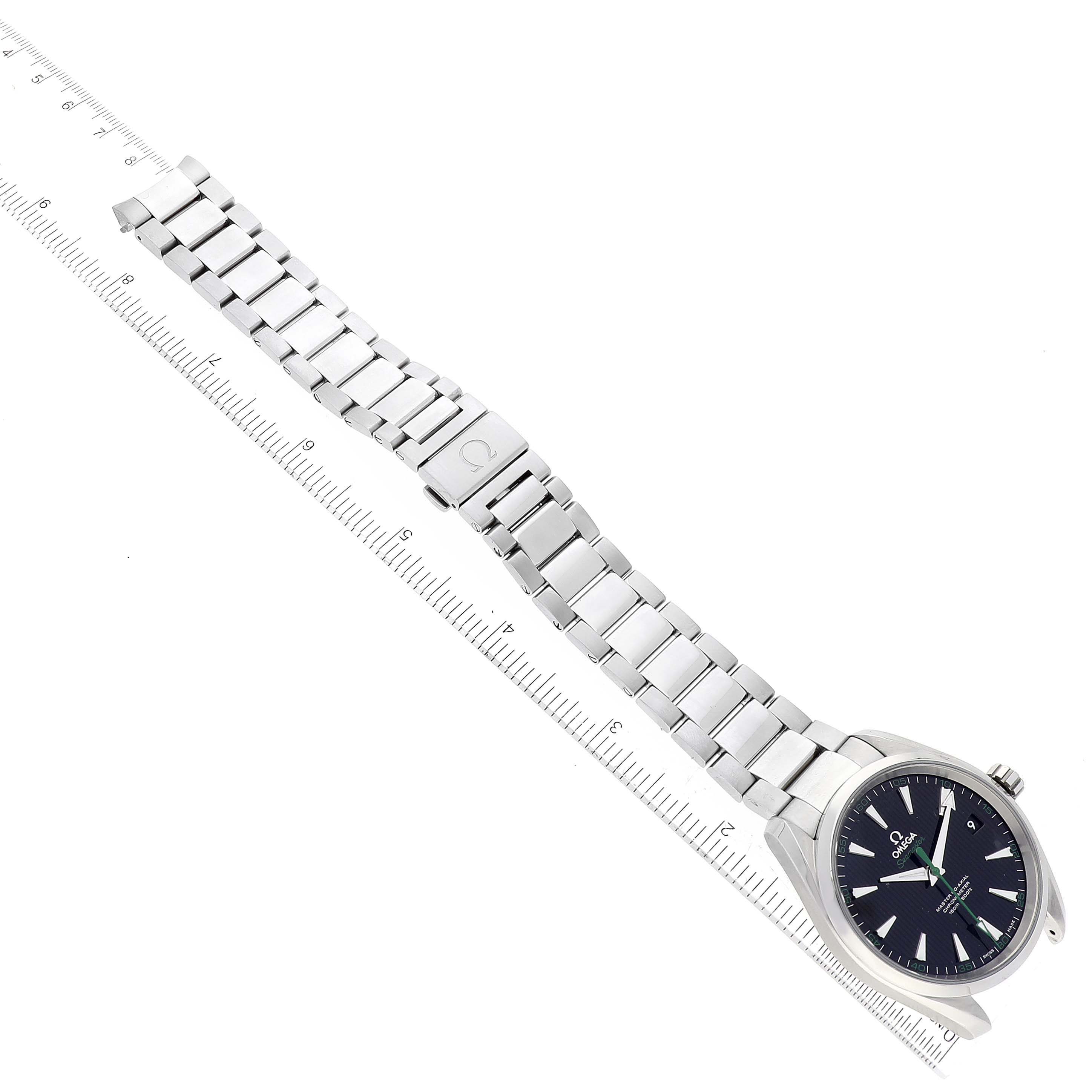 The image shows the Omega Aqua Terra 231.10.42.21.01.004 Men's Stainless Steel Black Dial 231.10.42.21.01.004 Men's Stainless Steel Black Dial watch diagonally, displaying the face, case, bracelet, and clasp alongside a ruler for scale.