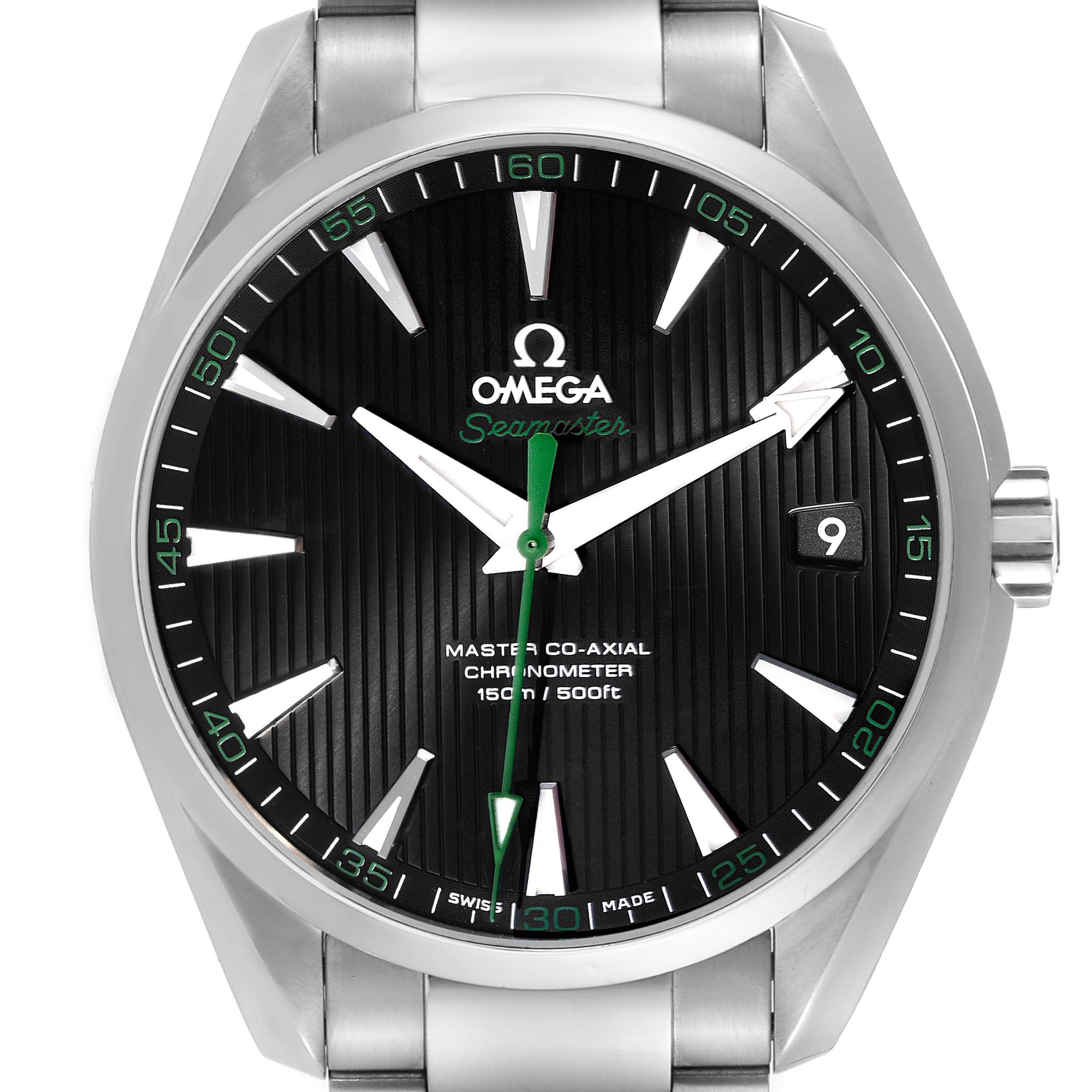 The image shows the front view of the Omega Seamaster Aqua Terra watch, displaying its dial, hands, and part of the bracelet.