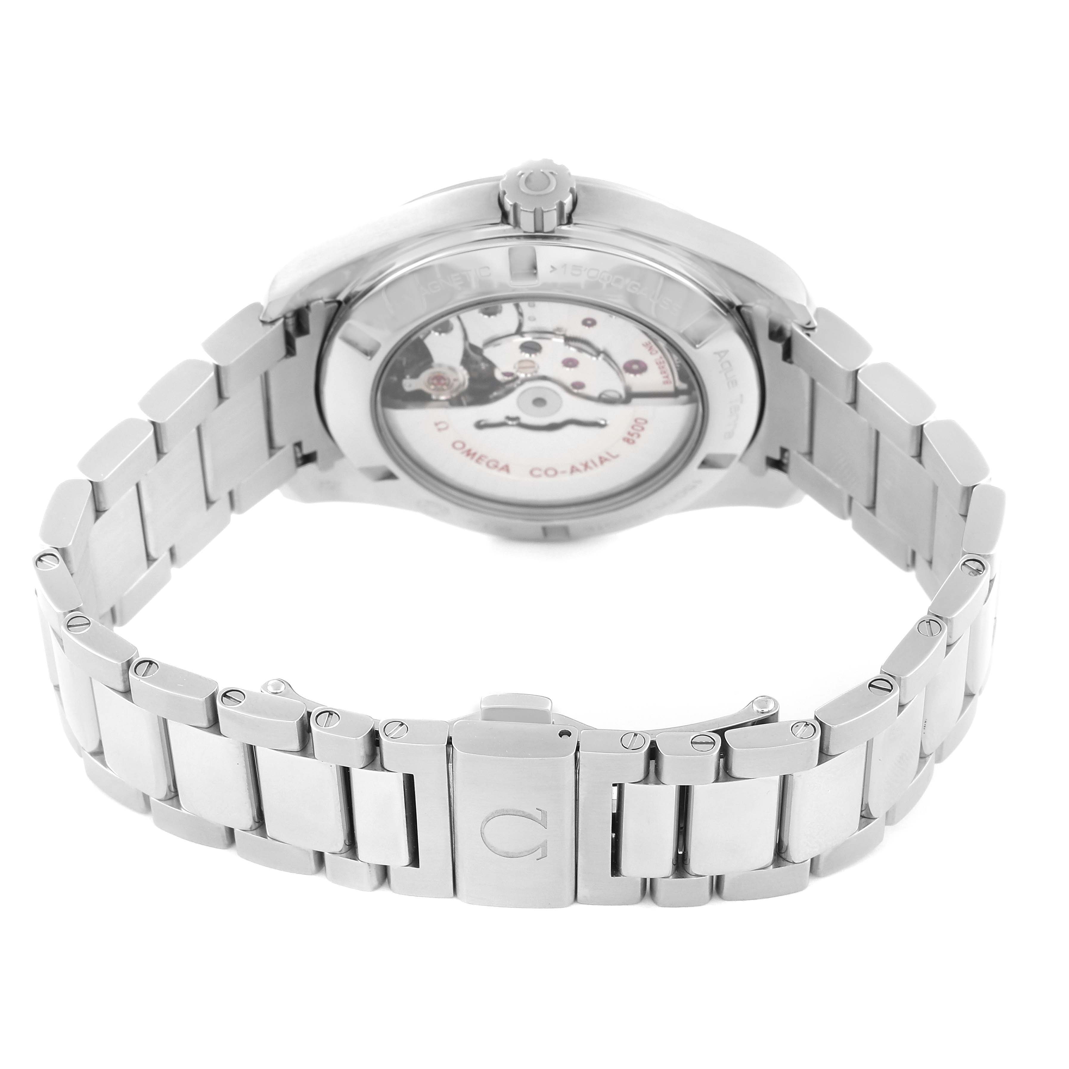 This image shows the back of the Omega Aqua Terra 231.10.42.21.01.004 Men's Stainless Steel Black Dial 231.10.42.21.01.004 Men's Stainless Steel Black Dial watch, highlighting its bracelet and the visible mechanical movement.