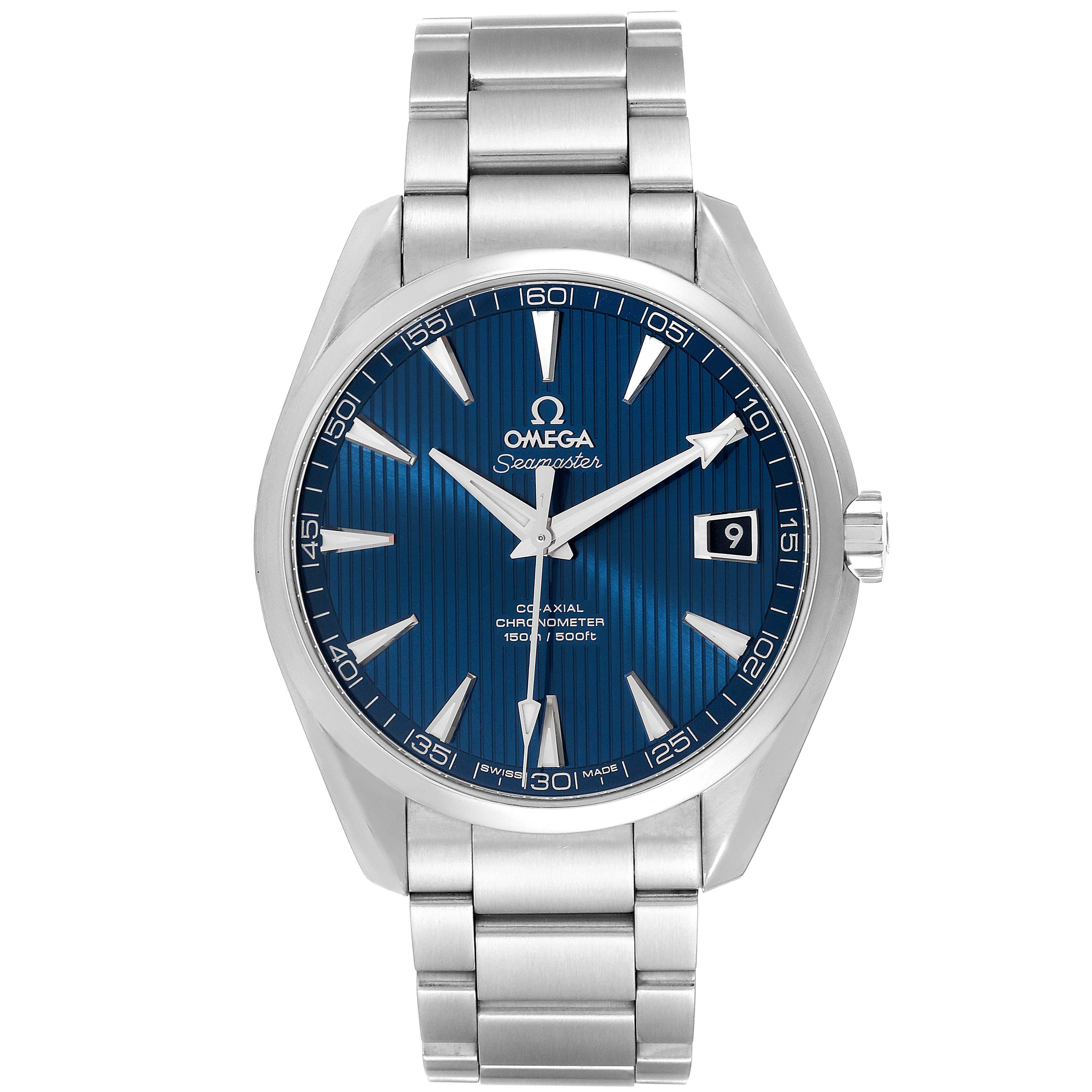 The Omega Aqua Terra 231.10.42.21.03.001 Men
s Stainless Steel Blue Dial 231.10.42.21.03.001 Men
s Stainless Steel Blue Dial watch is shown from a top-down angle, displaying its blue dial, silver hands, and bracelet.