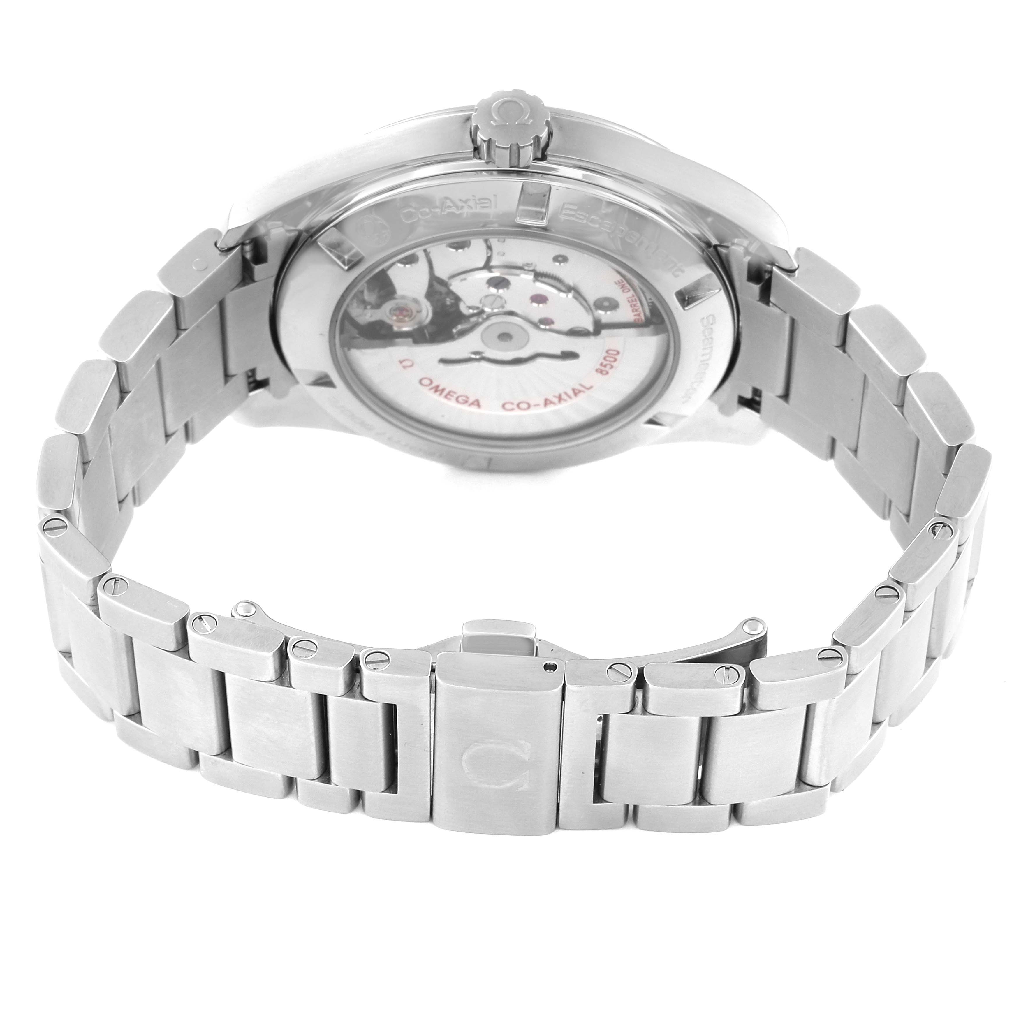 The image shows the back view of an Omega Aqua Terra 231.10.42.21.03.001 Men
s Stainless Steel Blue Dial 231.10.42.21.03.001 Men
s Stainless Steel Blue Dial watch, highlighting the stainless steel bracelet and the skeleton case back.