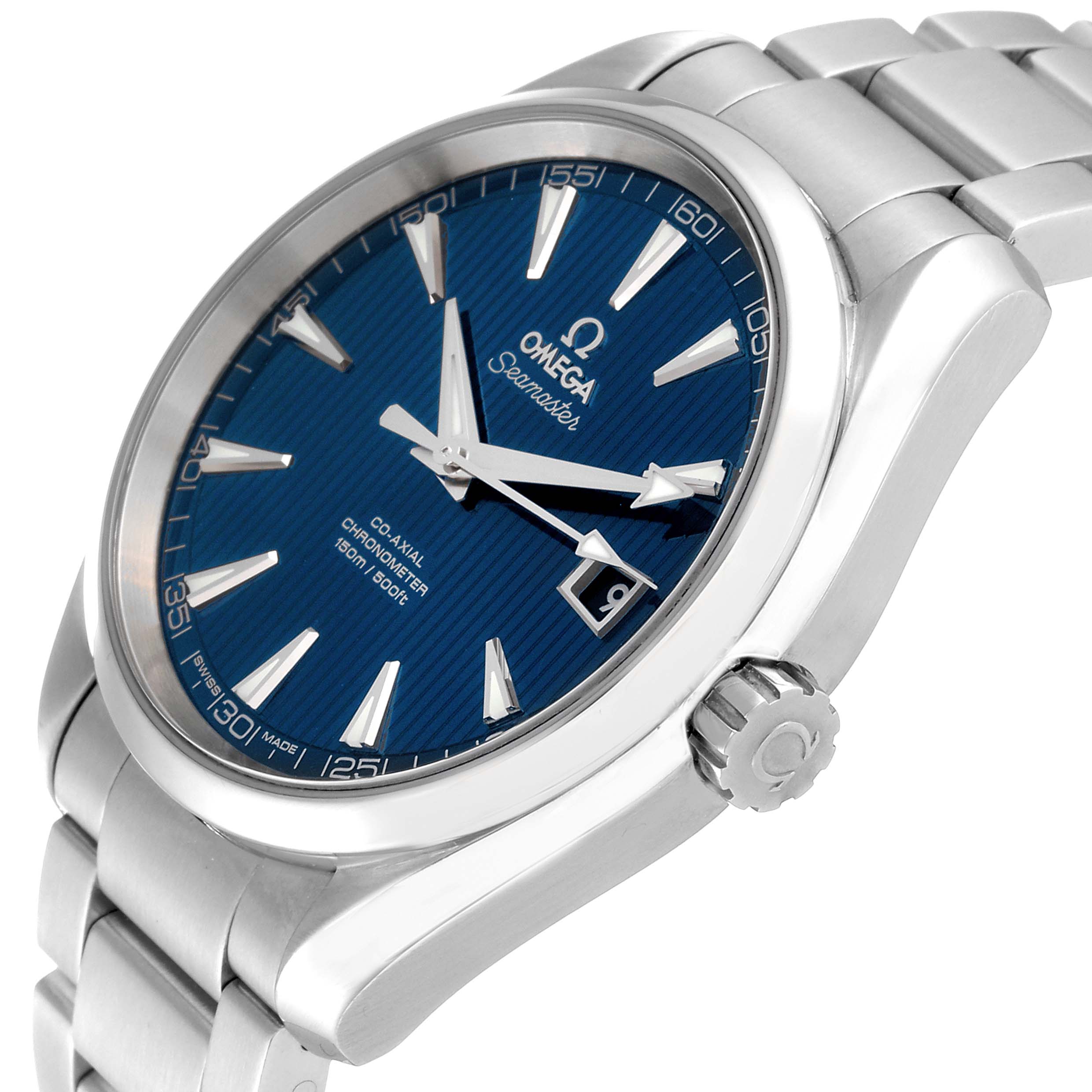 The image shows a side view of the Omega Aqua Terra 231.10.42.21.03.001 Men
s Stainless Steel Blue Dial 231.10.42.21.03.001 Men
s Stainless Steel Blue Dial watch, displaying its blue dial, bezel, crown, and metal bracelet.