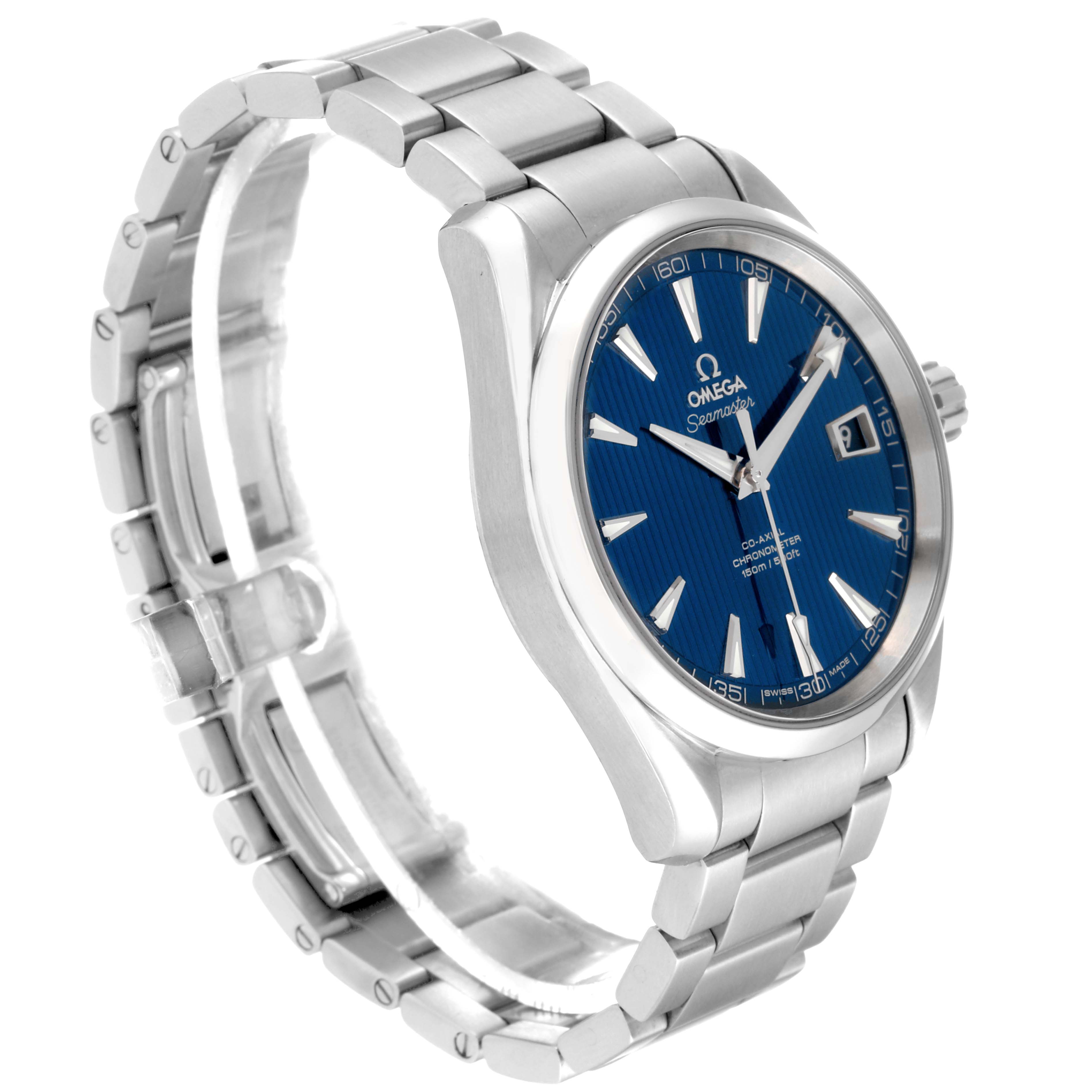 This image shows an Omega Aqua Terra 231.10.42.21.03.001 Men
s Stainless Steel Blue Dial 231.10.42.21.03.001 Men
s Stainless Steel Blue Dial watch at an angle displaying its face, bracelet, and bezel.