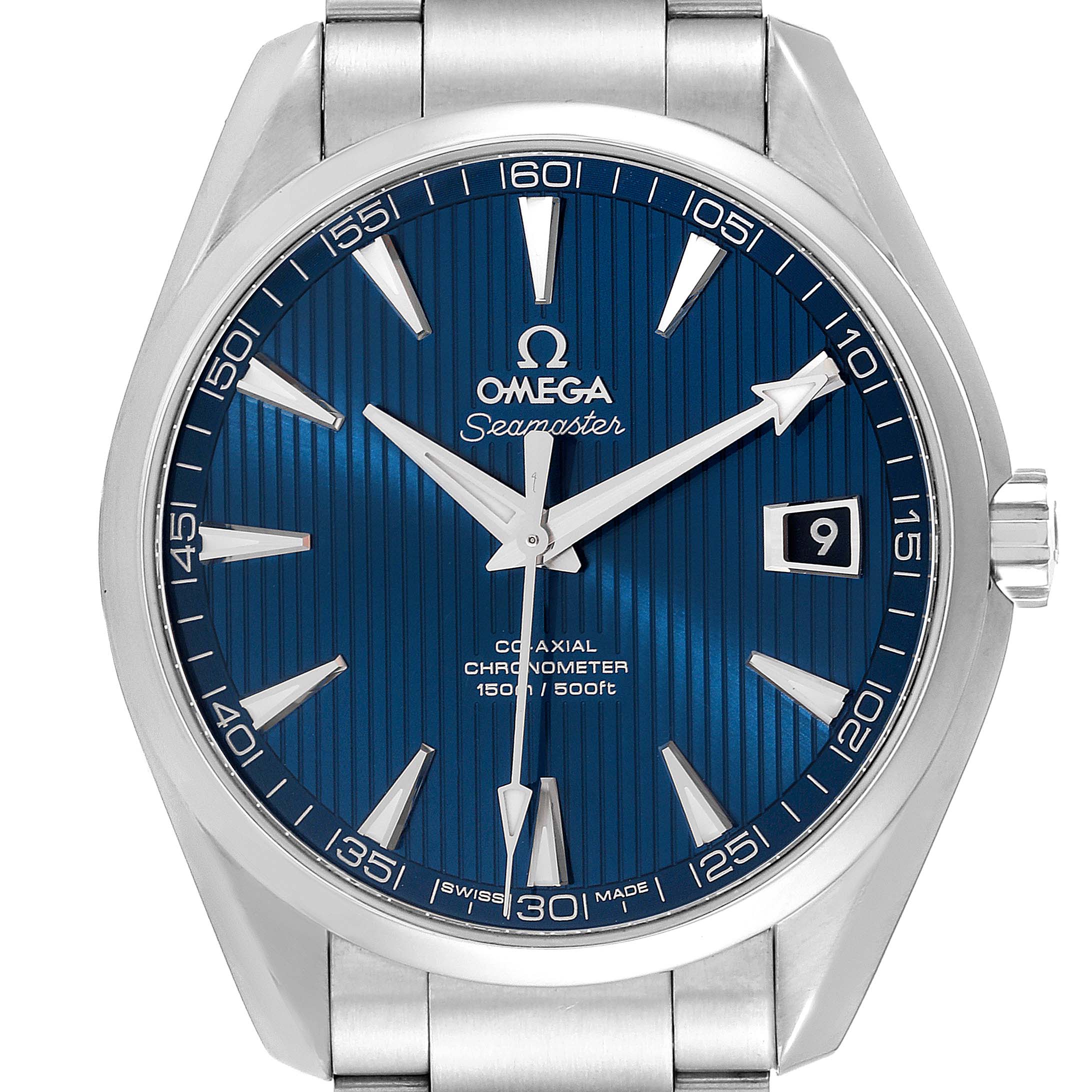 This image shows a direct front view of the Aqua Terra model by Omega, highlighting the dial, hands, bezel, and date window.