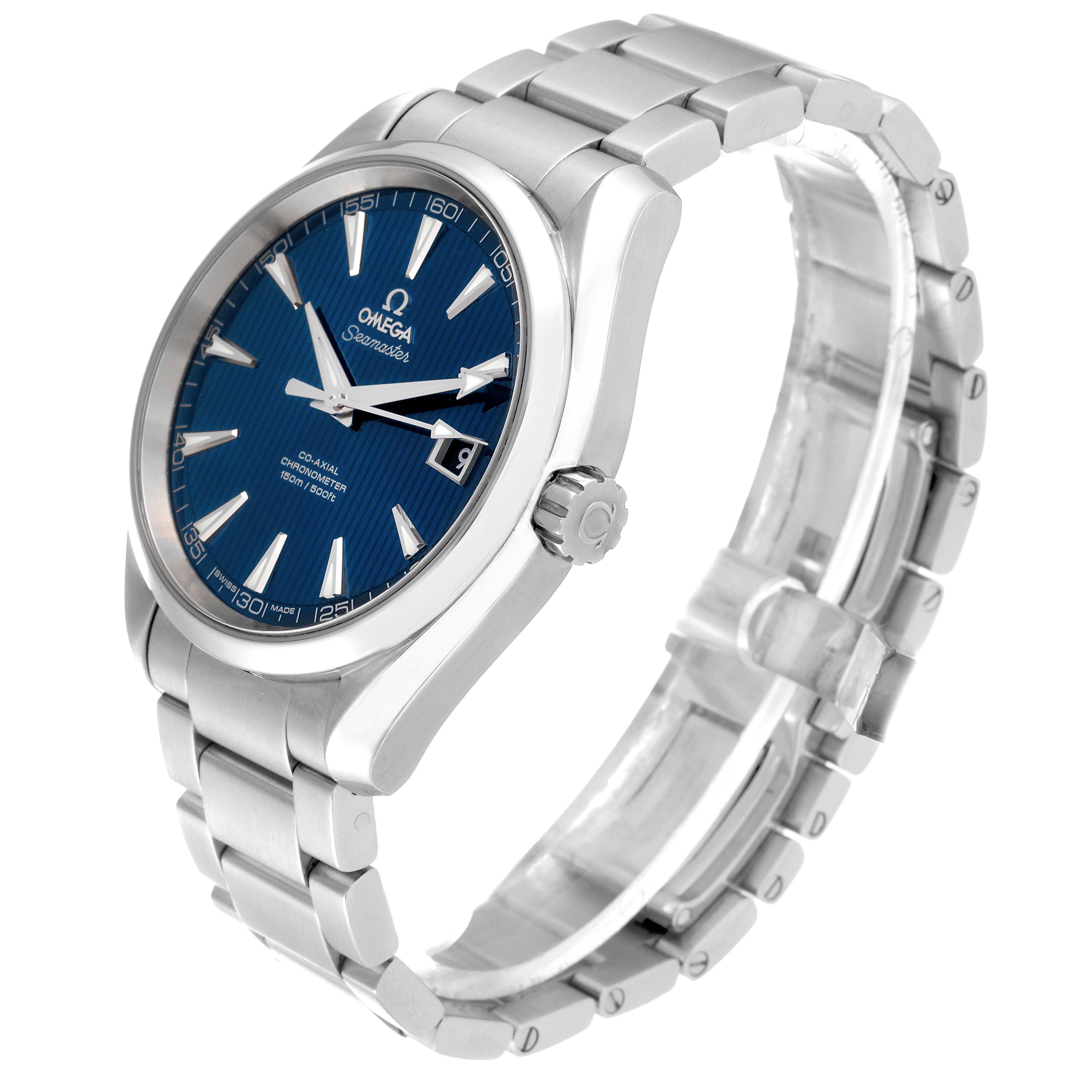 The image shows an Omega Aqua Terra 231.10.42.21.03.001 Men
s Stainless Steel Blue Dial 231.10.42.21.03.001 Men
s Stainless Steel Blue Dial watch from a three-quarter angle, highlighting its blue dial and stainless steel bracelet.