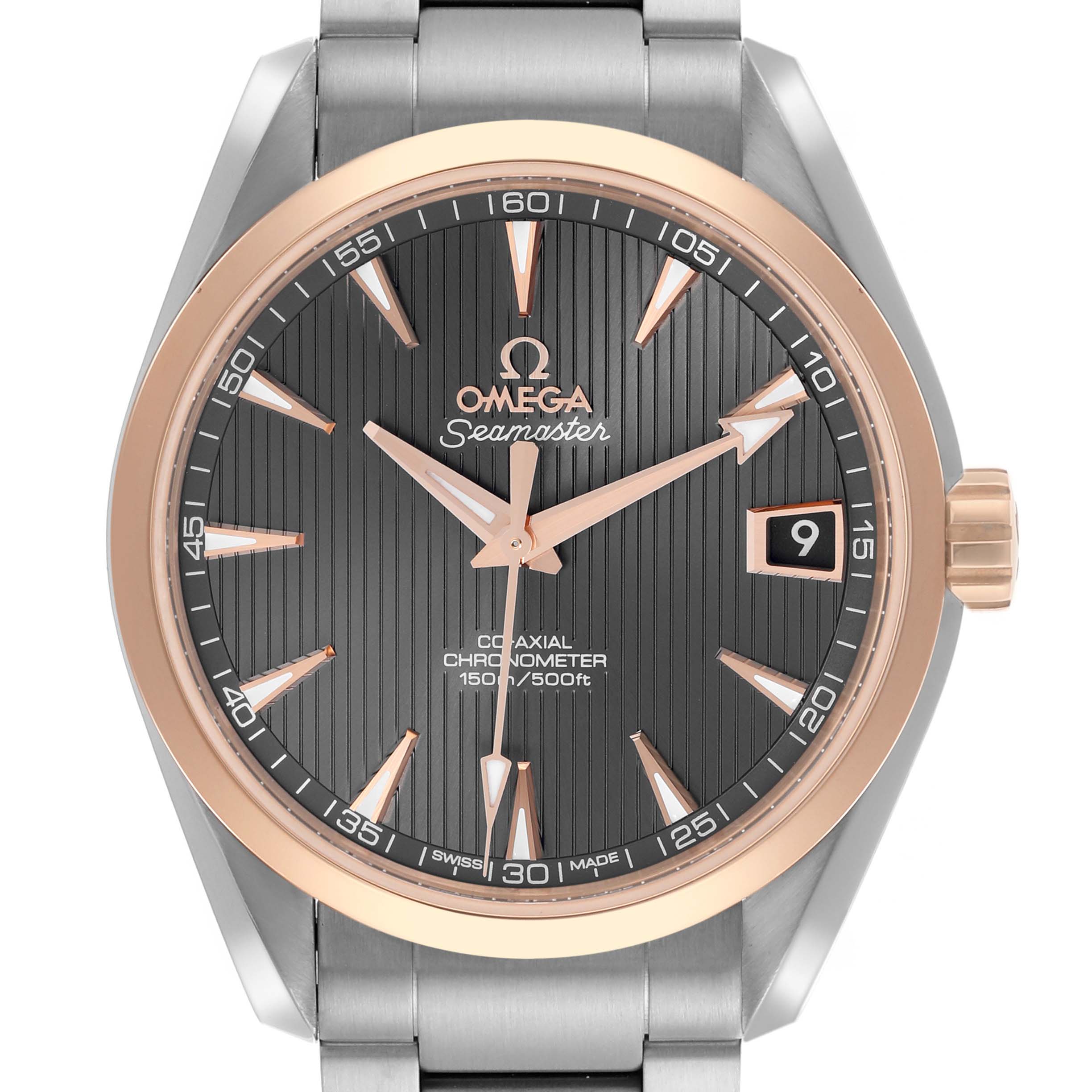 The Omega Aqua Terra 231.20.39.21.06.003 Men's Steel and Gold (two tone) Grey Dial 231.20.39.21.06.003 Men's Steel and Gold (two tone) Grey Dial watch is shown from a front angle, displaying its face, bezel, hands, and bracelet.