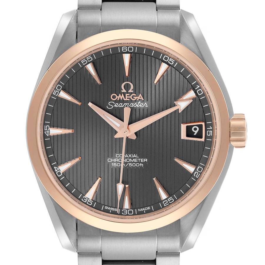 The Omega Aqua Terra watch is shown from a front angle, displaying its face, bezel, hands, and bracelet.