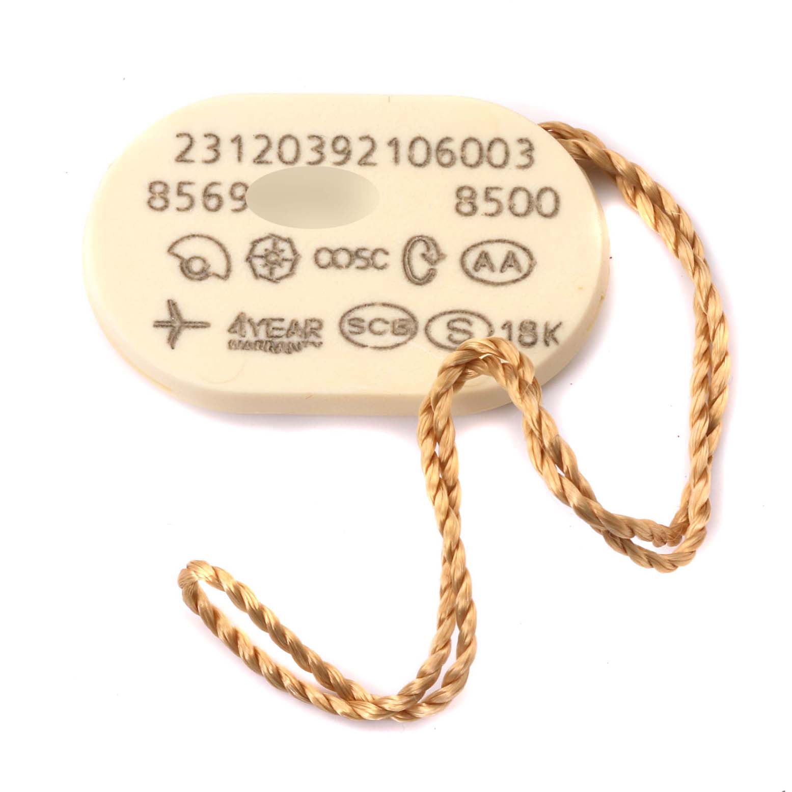 The image shows a tag with specifications for the Omega Aqua Terra 231.20.39.21.06.003 Men's Steel and Gold (two tone) Grey Dial 231.20.39.21.06.003 Men's Steel and Gold (two tone) Grey Dial model, featuring various certifications and a string attached.